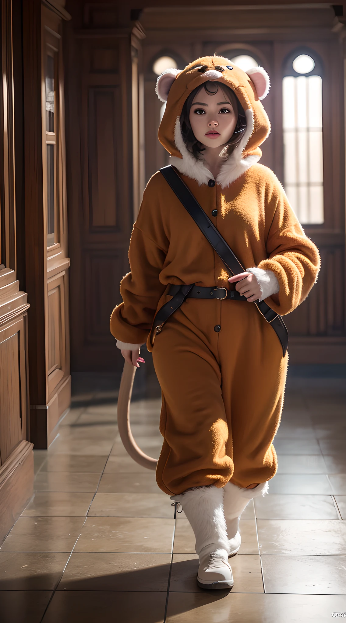 (Real), Masterpiece, Best Quality, 8k, HDR, Cinematic Lighting, 1girl, a woman wearing a monkey costume, Dwarf, Reduced