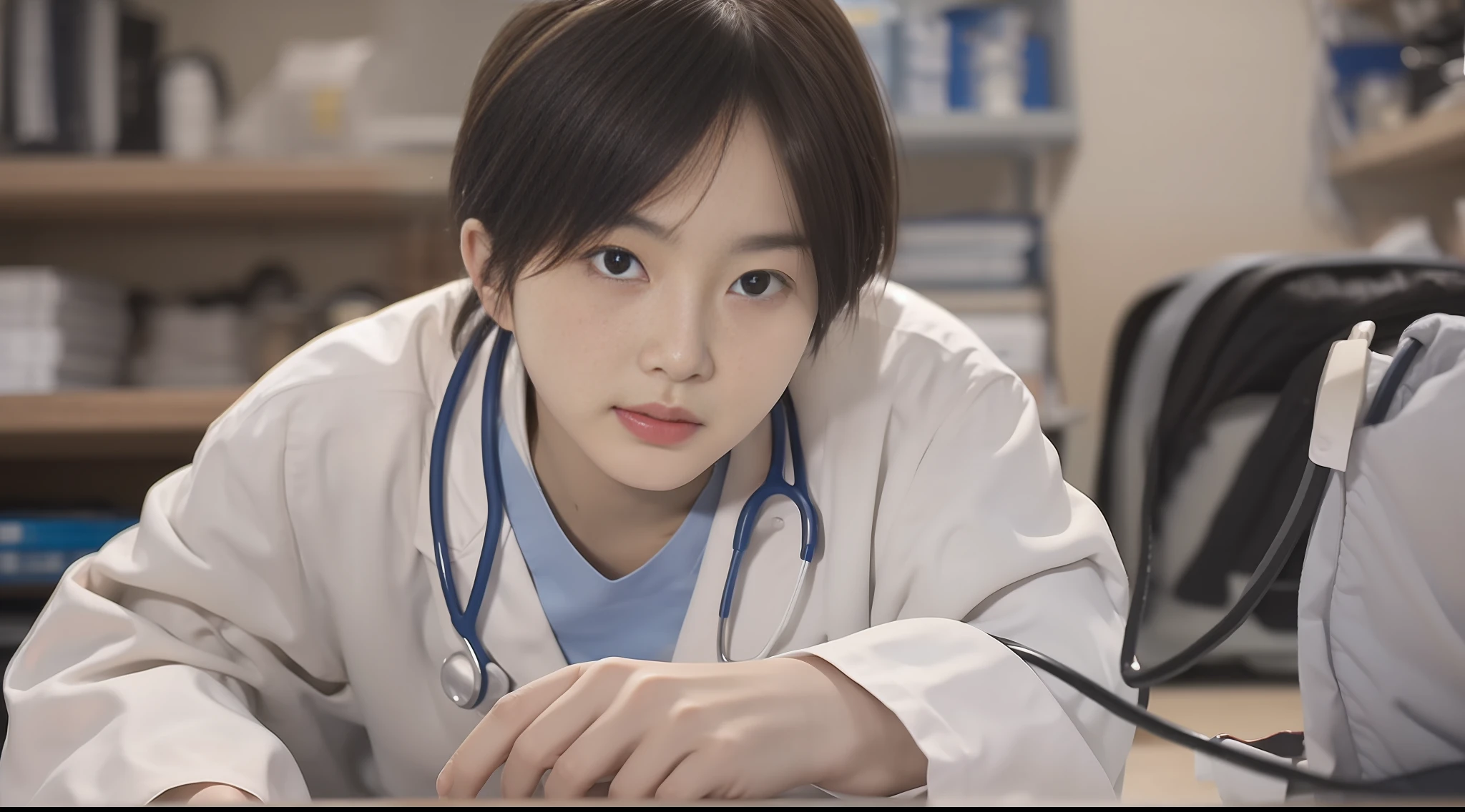 1 boy, wearing a doctor's white coat, consultation, doctor's office, ultra HD, ultra-high resolution, super high detail