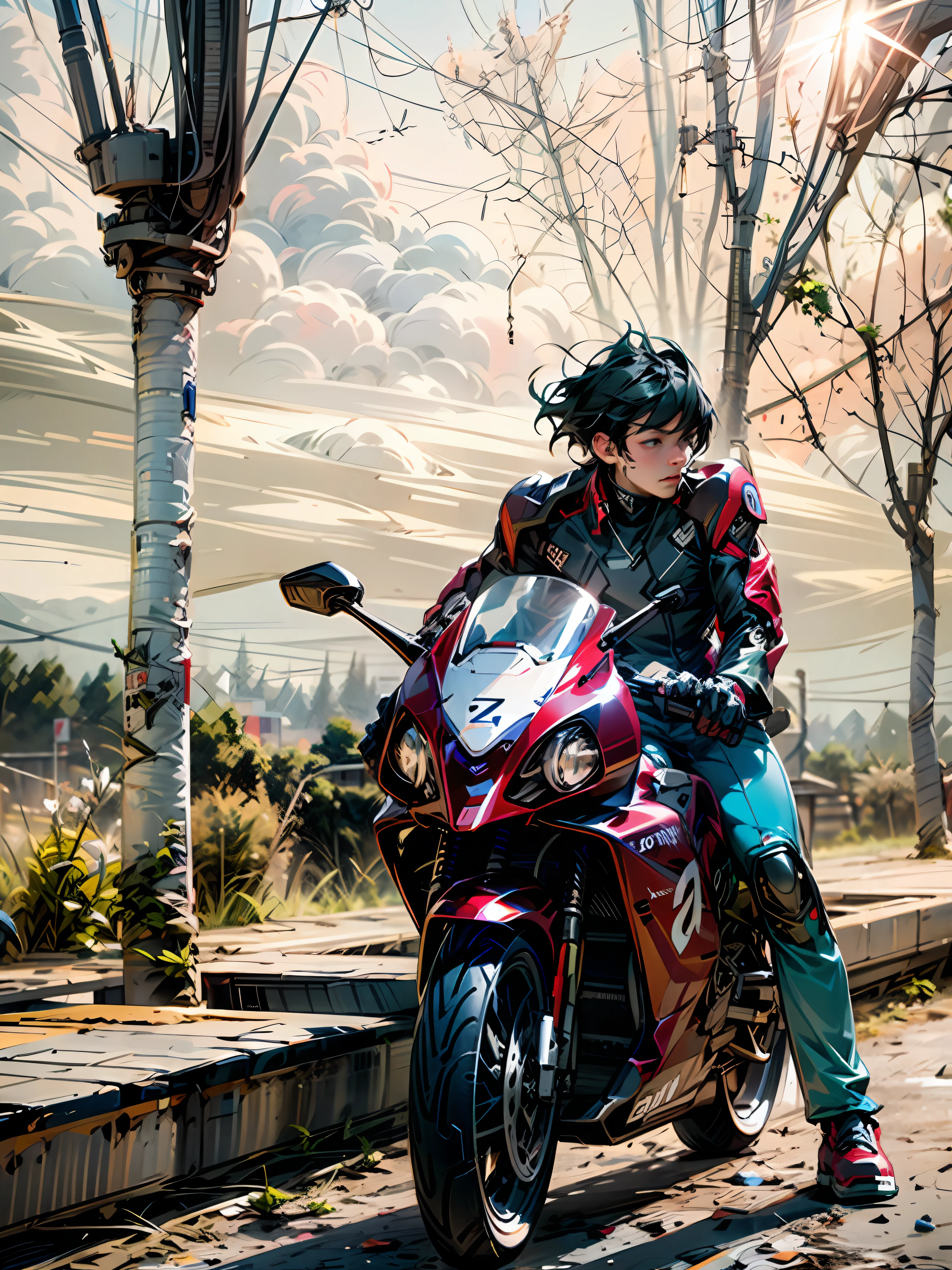 Short hair, handsome boy, sunny, handsome and dashing, on the street there is a man sitting on a motorcycle, sitting on a motorcycle, motorcyclist, shot on Nikon D 3 2 0 0, riding a motorcycle, portrait shooting 8 K, Akira Moto, motorcycle, inspired by Liu Haisu, shot with Sony Alpha 9, sitting on a cyberpunk motorcycle, photo shooting, shot with Sony A7R camera, photo - shooting