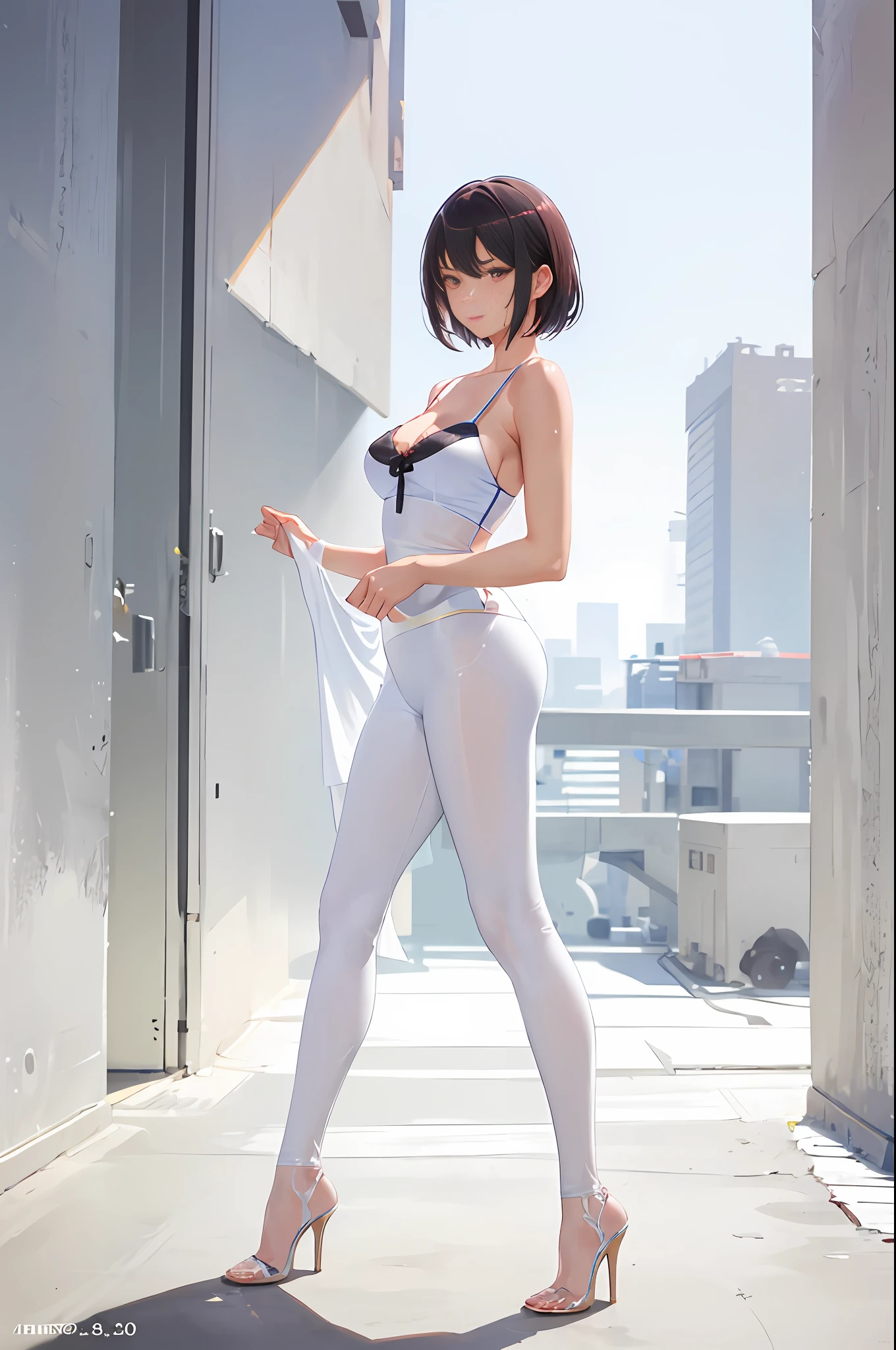 1girl, solo, full body portrait, white camisole vest, high heels, yoga wear, pantyhose, masterpiece, best quality, realistic, super detailed, (shiny skin, sweating: 1.4), looking at the audience, light blue short hair, red eyes, slender, dynamic light and shadow, high resolution, sharp focus, depth of field, fine eyes, pupil sharp, pupil realistic, (C cup: 1.2), (skin white: 2.0), (long legs: 1.8), (clothes transparent: 1.5), outdoor, sky