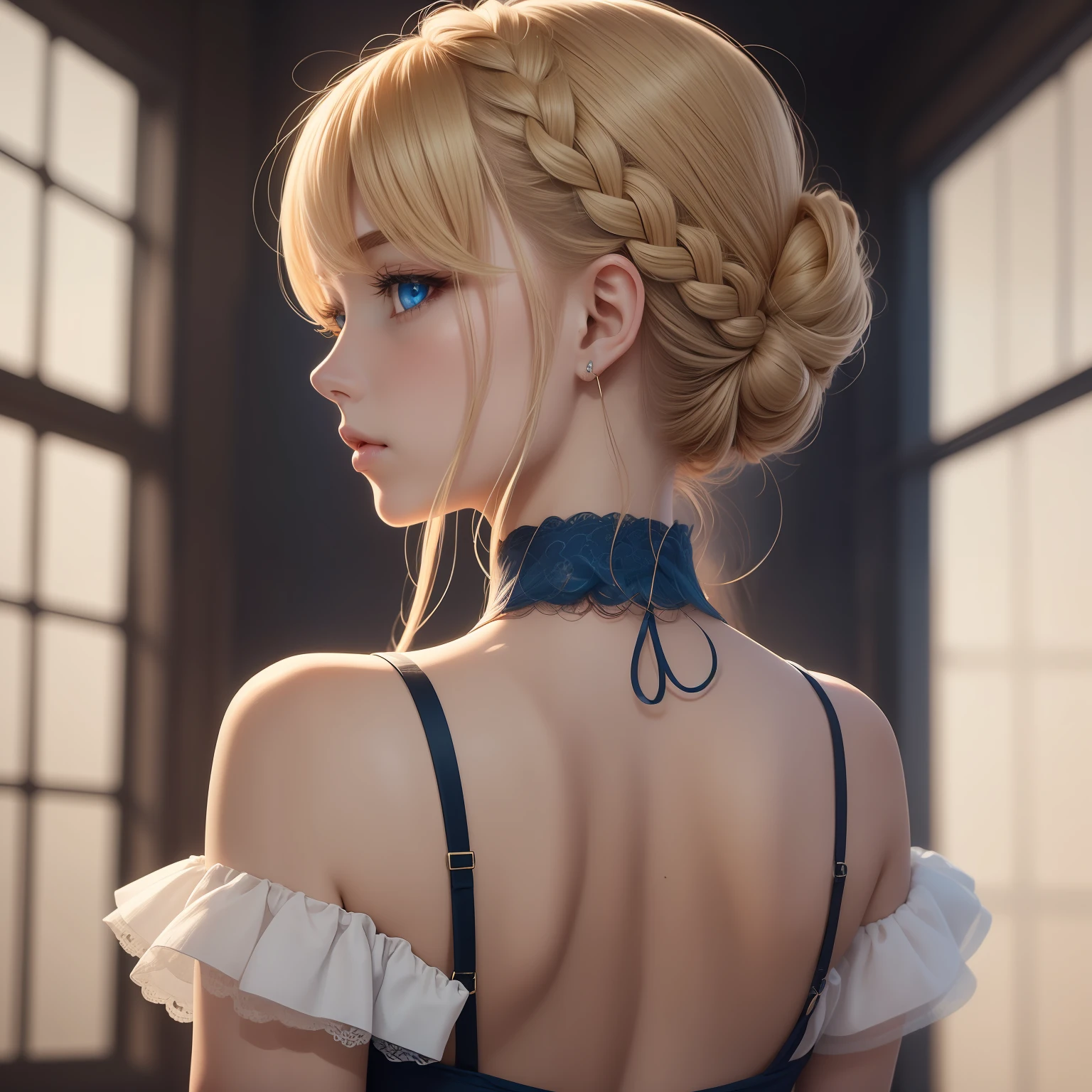 (Masterpiece) 8K resolution, top quality, dignified beautiful single woman, blonde, braided horizontally, upstyled, back bun hair, bangs trimmed and gentle curves, hanging eyes, beautiful blue eyes, model style, anime style
