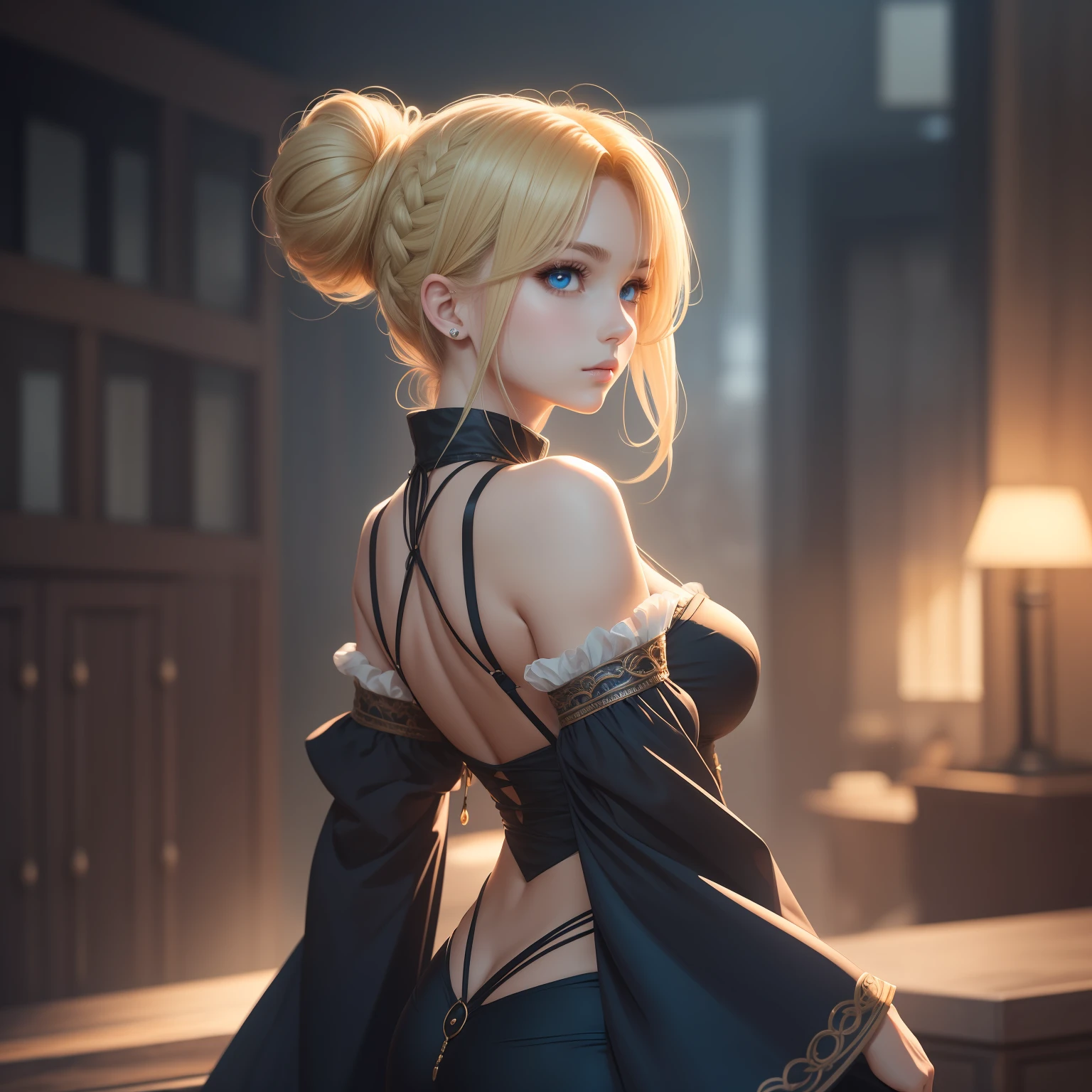 (Masterpiece) 8K resolution, top quality, dignified beautiful single woman, blonde, braided horizontally, upstyled, back bun hair, bangs trimmed and gentle curves, hanging eyes, beautiful blue eyes, model style, anime style