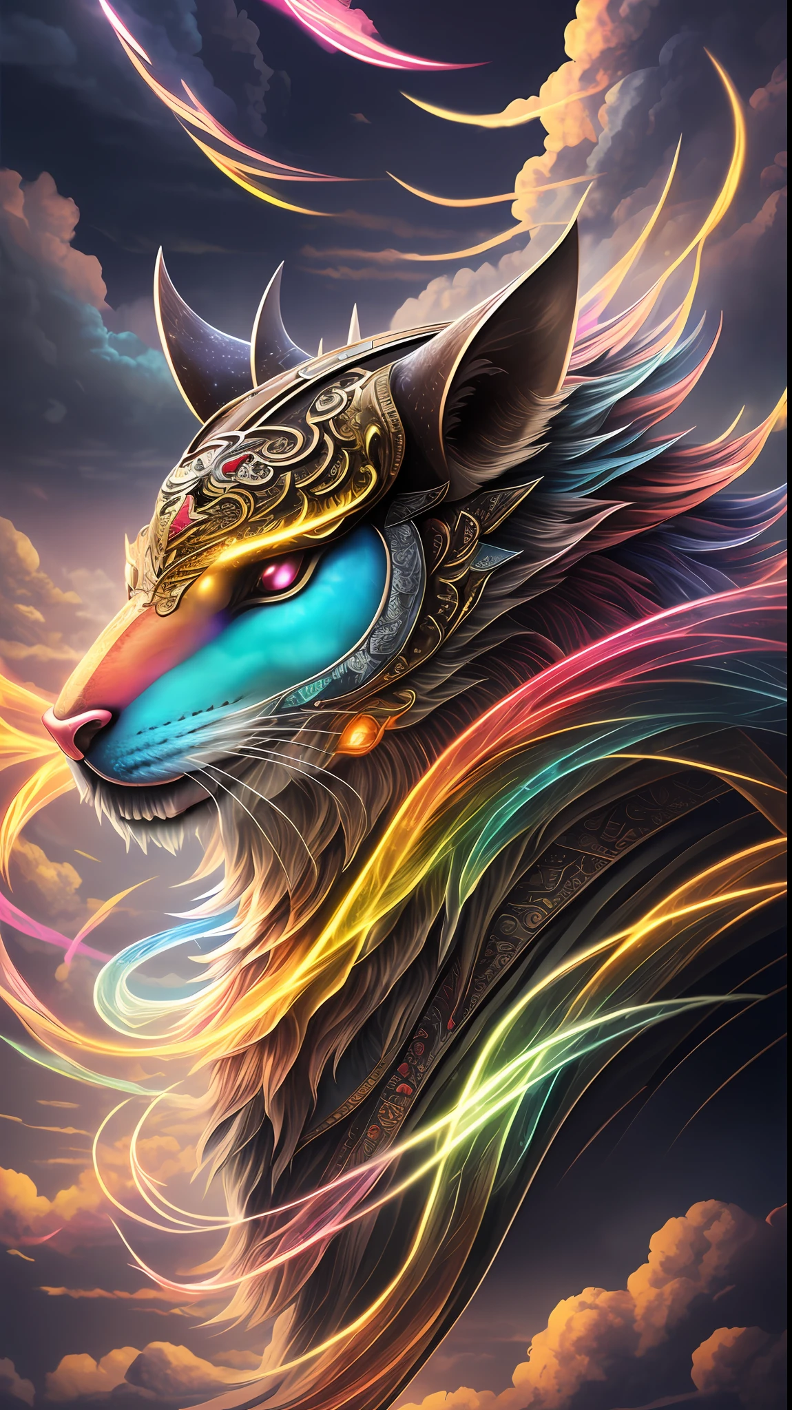 Qilin, Chinese mythical beast, cute, clean, beautiful, mighty, flame-like clouds, ultra-fine fur, golden eyes, intricate details, ice and fire background, half flame, half frost, power, 8K, virtual engine, octane rendering, HD, copper money on the body, gold ingots,