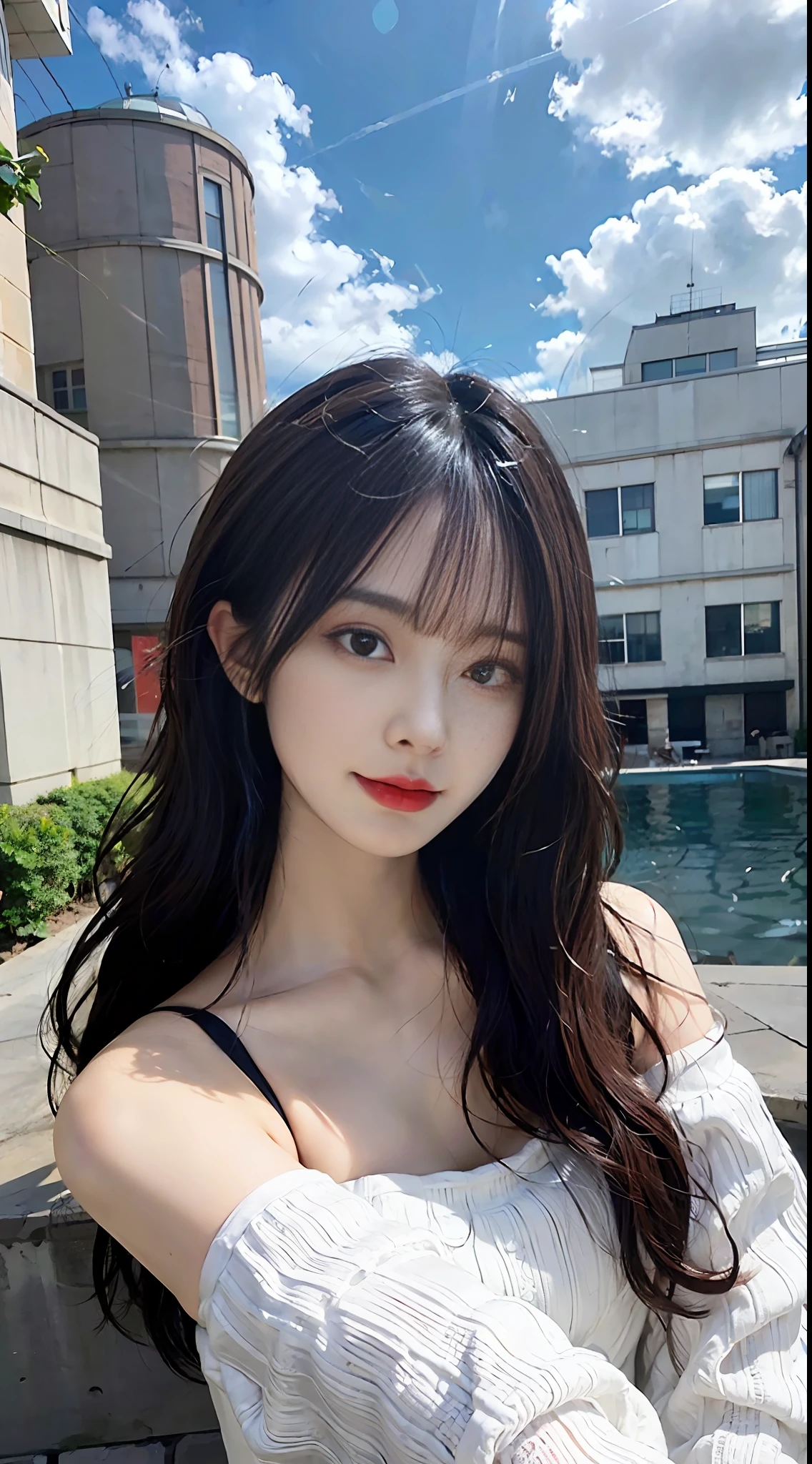 ((Best Quality, 8K, Masterpiece:1.3)), a beautiful girl, pure, melon face, gentle and cute, thin figure, (frontal), (tilted head), looking directly into the camera, [detached sleeves::0], [collared shirt::0], [capri pants::0], black silky long straight hair, long hair flowing over the shoulders, round black big eyes, clear big eyes, moist red lips, sweet, sitting by the pond, blue sky and white clouds, sunshine ,, idyllic background