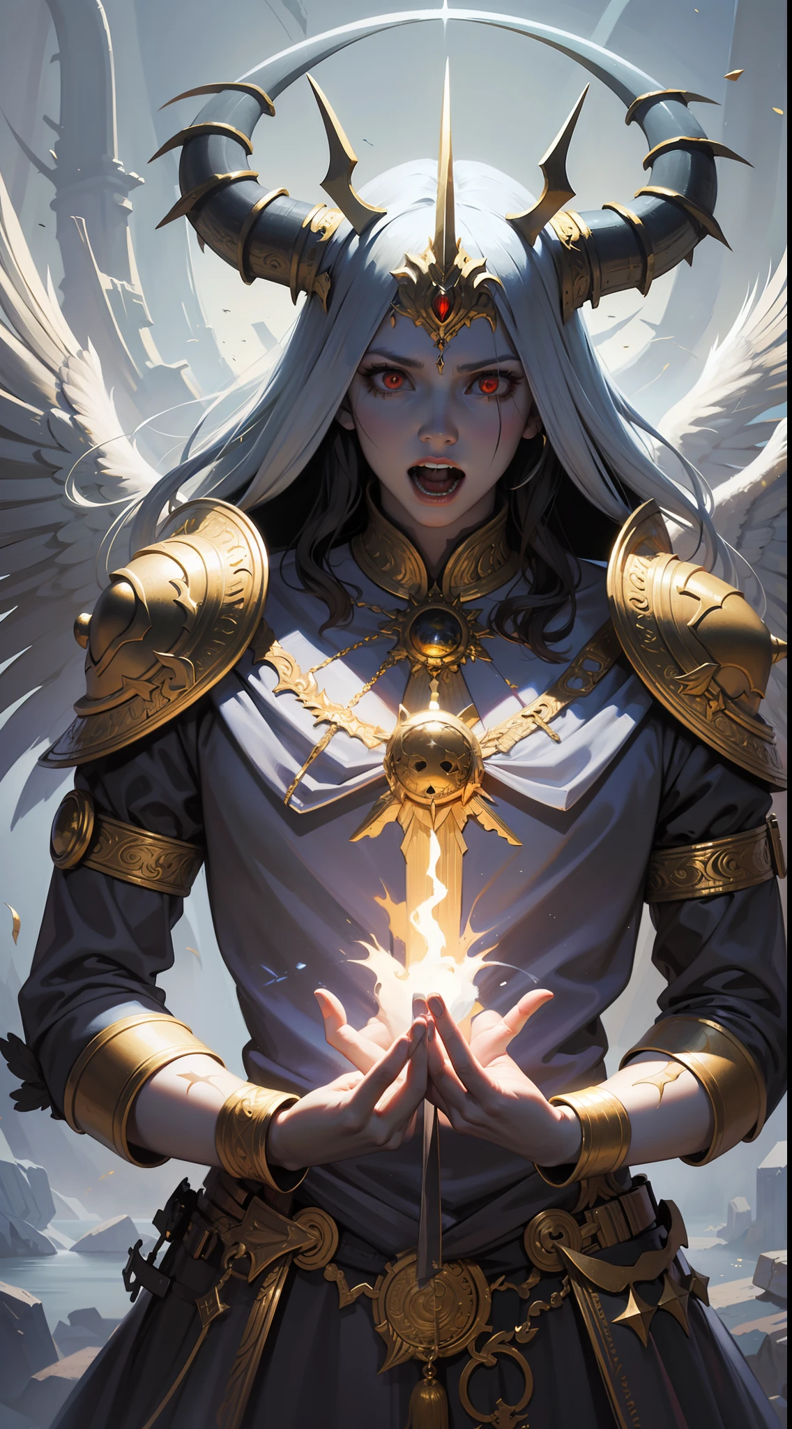 Mythological painting style, depicting a demon king, Sauron, golden wings, religious art, pagan, white demon, white robe, white mask, fear of the abyss, outstretched hands out of screen, glowing eyes, demon king, Man with demonic powers, closeup, golden halo, crown, dark eyes, screaming, pain, Greg Rutkowski, zbrush, epic fantasy scene, oil painting, supernatural realism, digital art, mysterious text crawling all over body, perspective , closeup, digital painting, artstaion artwork, vanishing point, film lighting, high contrast, closeup, realistic texture, unreal engine, broken pumice stone, gold thread, white statue, mystery, cryptic writing