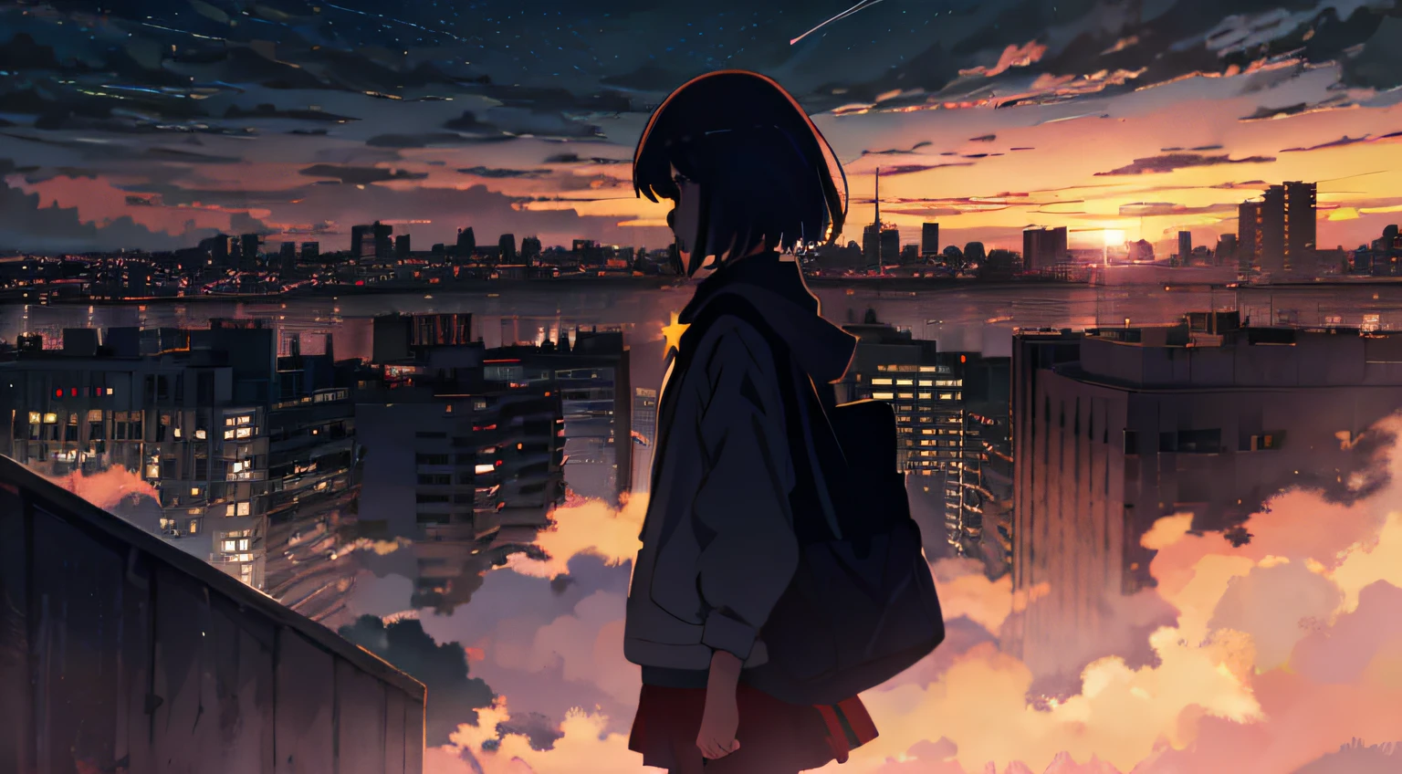 anime,silhouette,1girl, star (sky), cloud, cityscape, building, city, outdoors, skyscraper, city lights, night, night sky, sunset, skyline