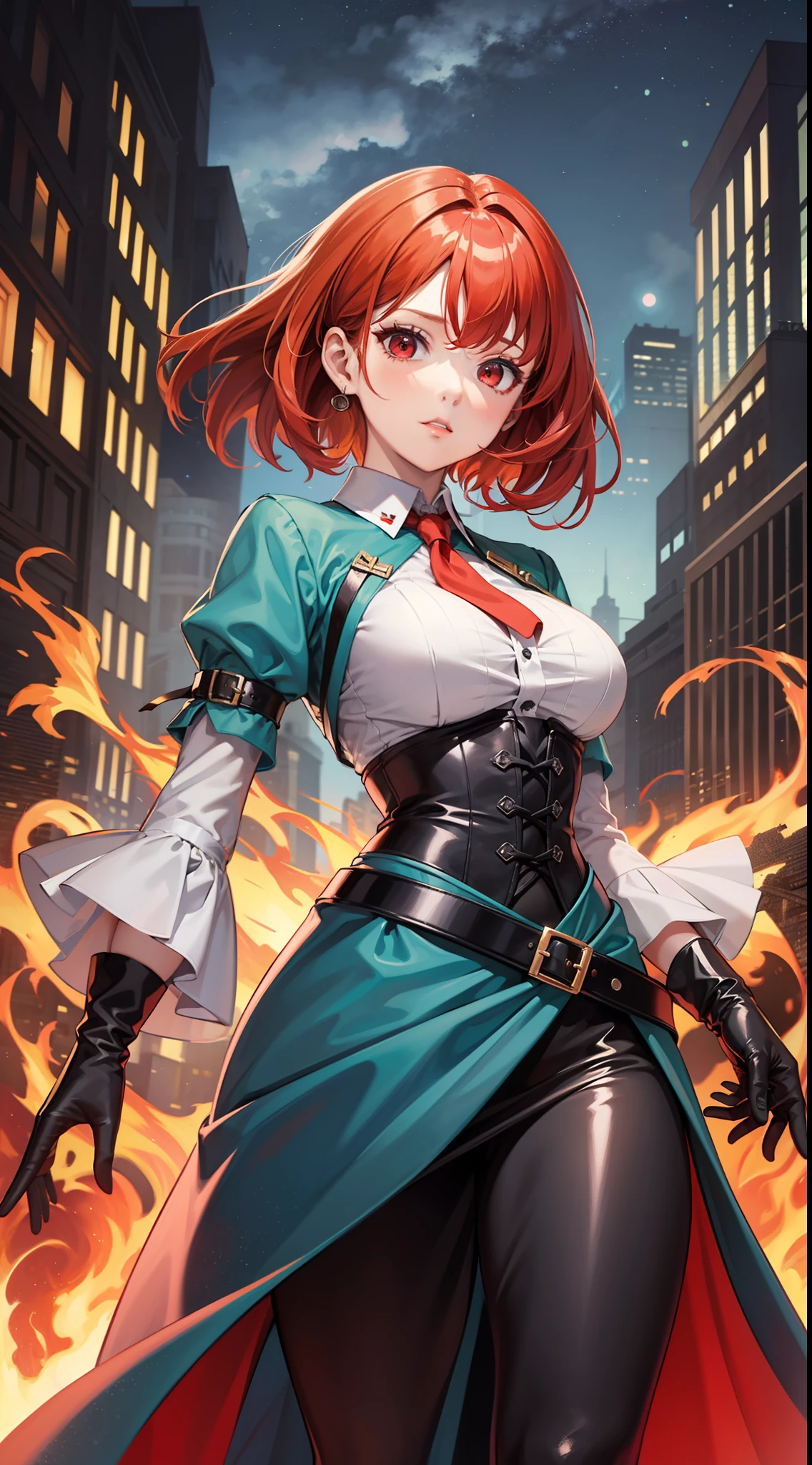 1girl, red hair, red eyes, white blouse, cyan corset waist, cyan long skirt, black gloves, belt, burning city, night sky lit by flames, ruins