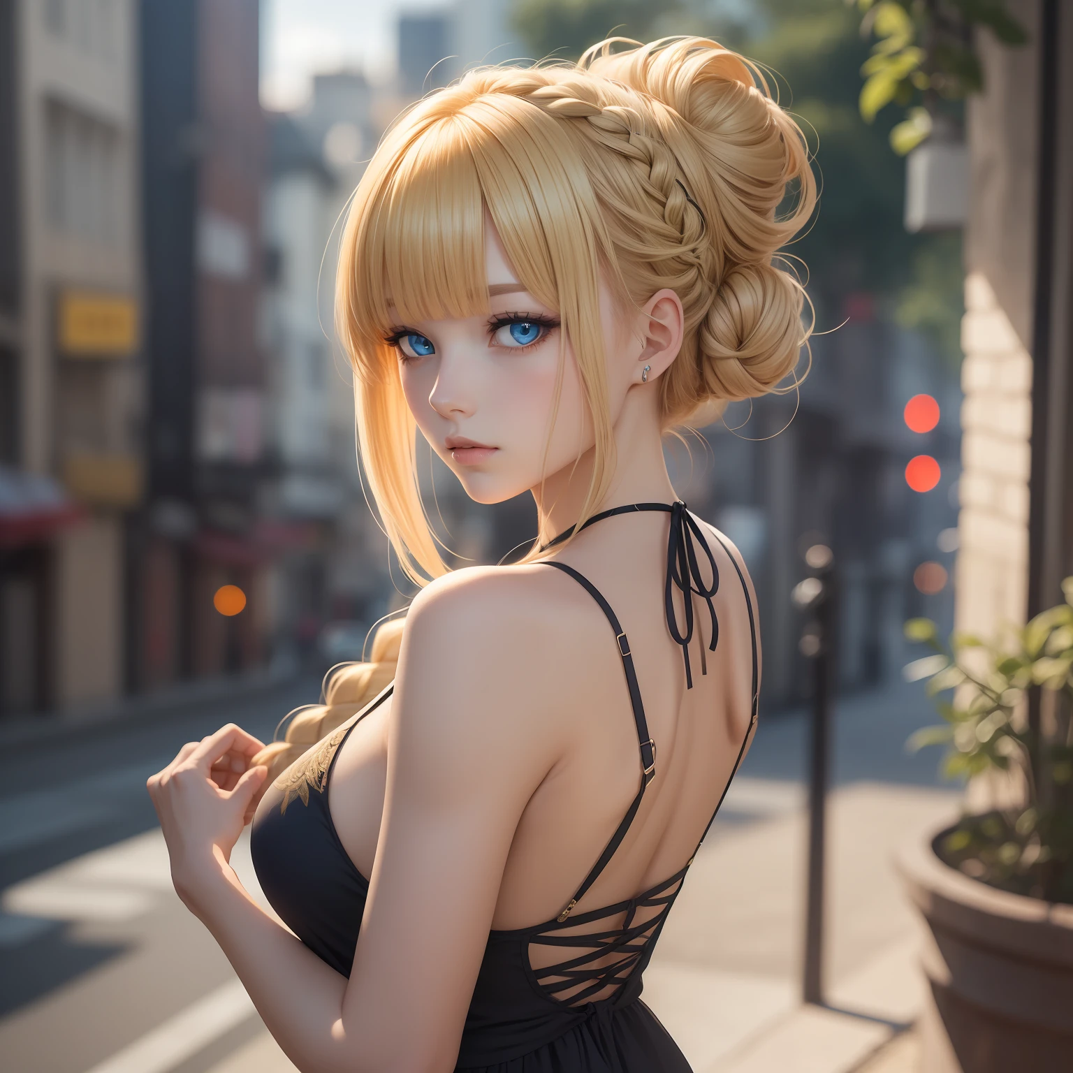 (Masterpiece) 8K resolution, top quality, dignified beautiful single woman, blonde, braided horizontally, upstyled, back bun hair, bangs trimmed and gentle curves, hanging eyes, beautiful blue eyes, model style, anime style