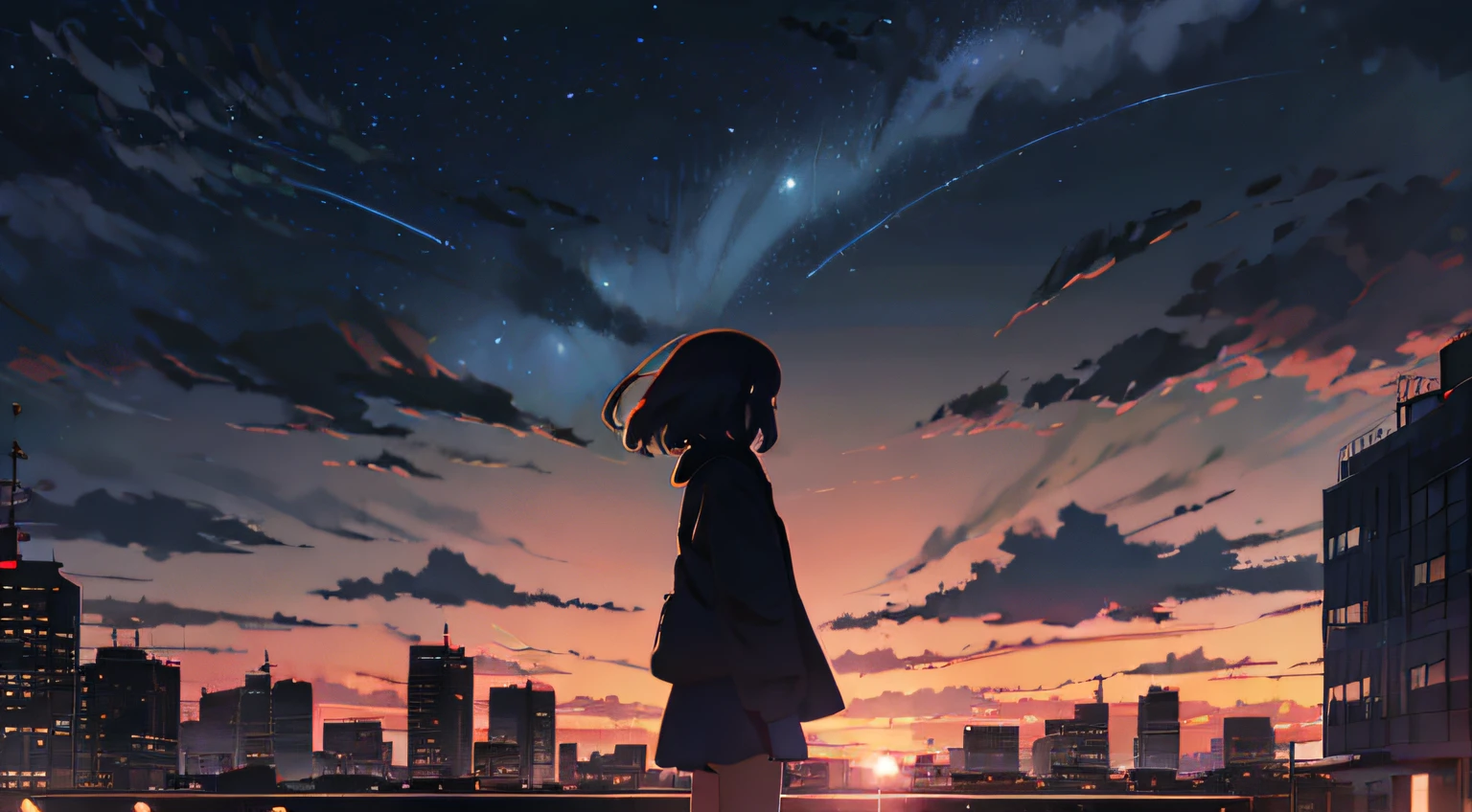 anime,silhouette,1girl, star (sky), cloud, cityscape, building, city, outdoors, skyscraper, city lights, night, night sky, sunset, skyline