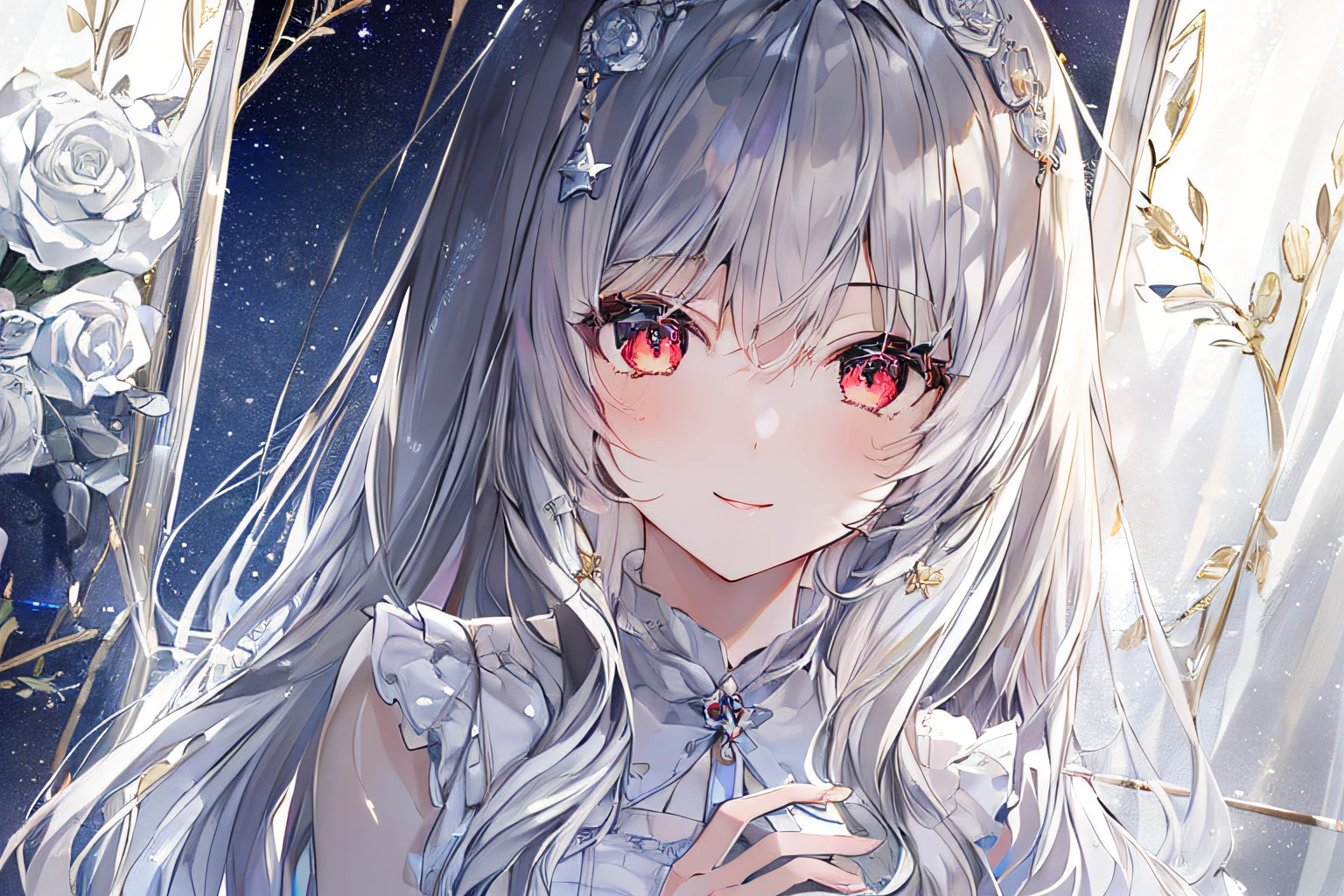 1girl, full body, denim photo, (Rembrandt), illustration, (masterpiece), (best quality), (ultra_detailed), finely detail, (Depth of field), , glove, long hair, star\ (symbol\), looking at viewer, (silver hair:1.2), red eyes, upper body, hair ornament, :p, frills, pink shirt, smile, sleeveless, shirt, idol, symbol-shaped pupils, hands up, sleeveless, shirt, idol, symbol-shaped pupil, bangs, side up, star-shaped pupil, arms up, skirt pulling, roaring twenties, isometric, seen from above, sky, flowerscliff