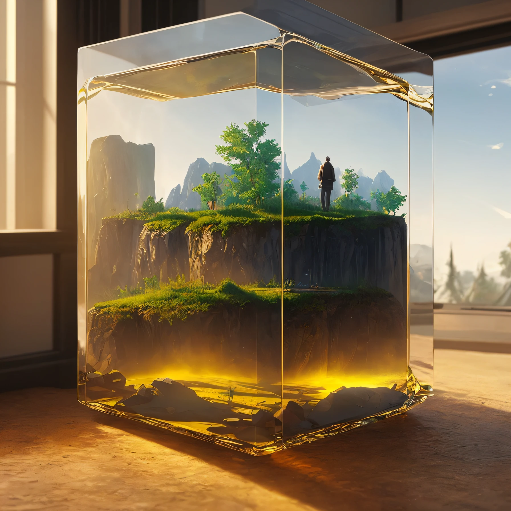 cinematic universe inside of a glass cube, sharp focus, concept art, very detailed, very realistic, trending on artstation, in the style of ALBERT BIERSTADT
