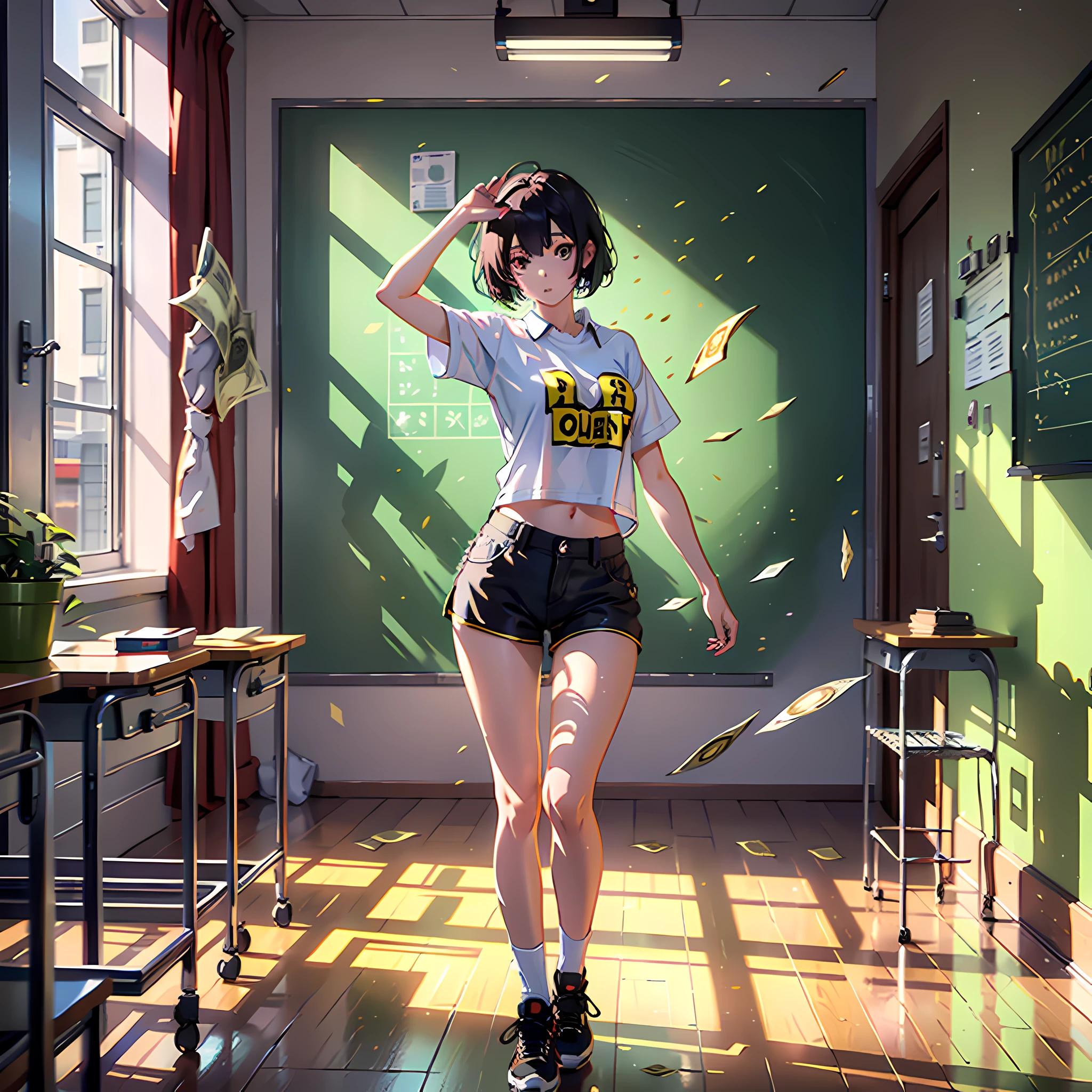 Masterpiece, professional lighting, photon mapping, radiosity, physically based rendering, 1 girl, full body, money in hand, classroom, lots of money floating in the air, blackboard, windows, gold eyes, short hair, white short sleeves, shorts