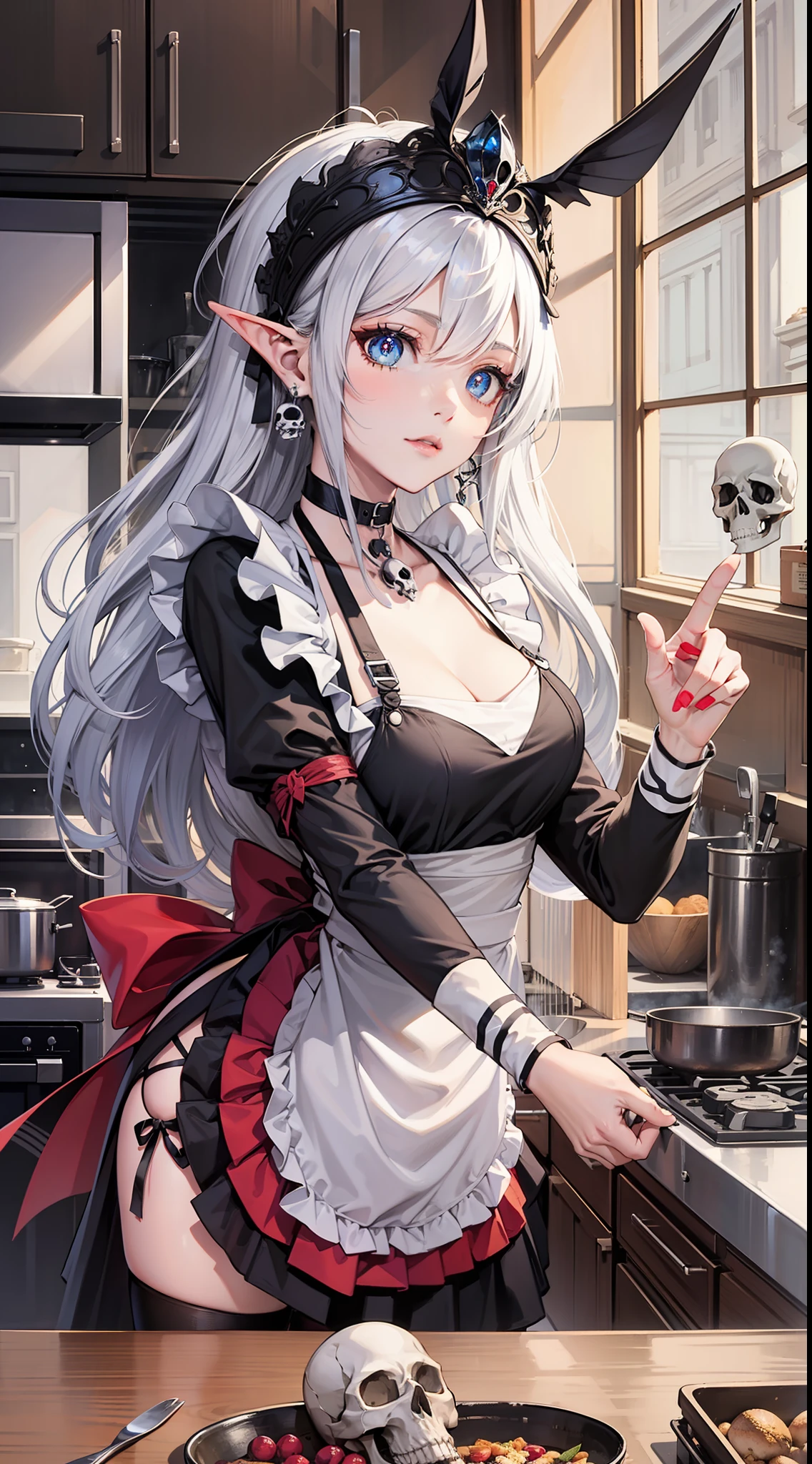 dynamic_angle,dynamic_pose,magical*_effect,split-color,kitchen,solo,1girl,Dark_Elf,gyaru,glowing pupils,apron,headdress,hair_ribbon,Skull_earrings,choker