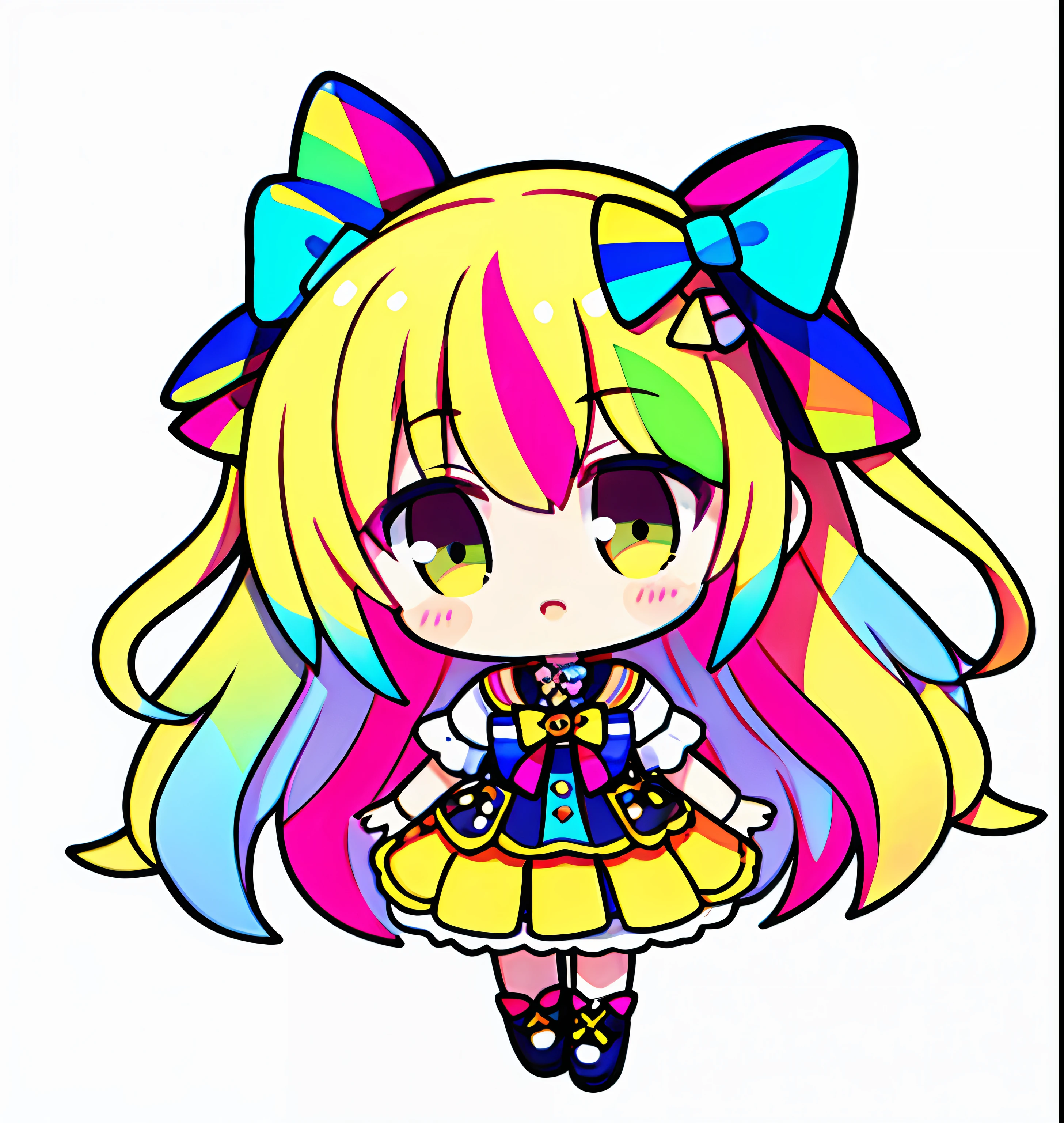 Chibi, full body, white background, high detail, UHQ, (multicolored), bow, (1 girl), (colorful)