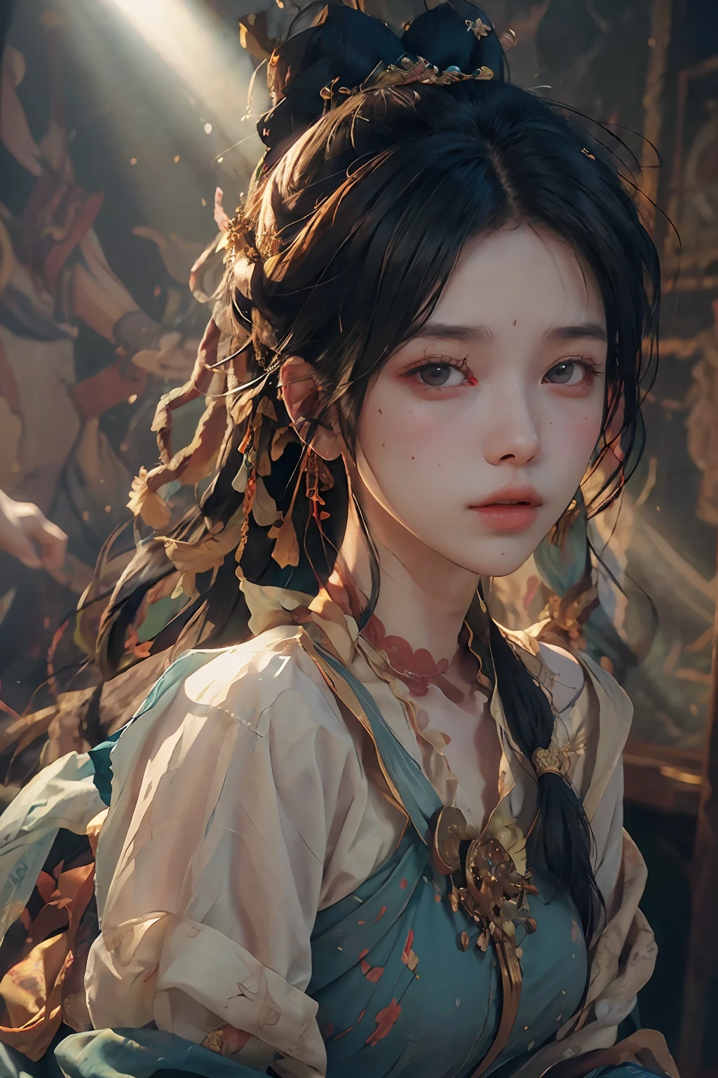 (RAW photo, best quality), (realistic, photo-realistic:1.3),best quality,highly detailed,masterpiece,ultra-detailed,illustration,1girl,upper_body,dynamic angle,world masterpiece theater,messy_long_hair,best quality,extremely detailed CG unity 8k wallpaper,ink,Amazing,cinematic lighting,lens_flare, dunhuang_style