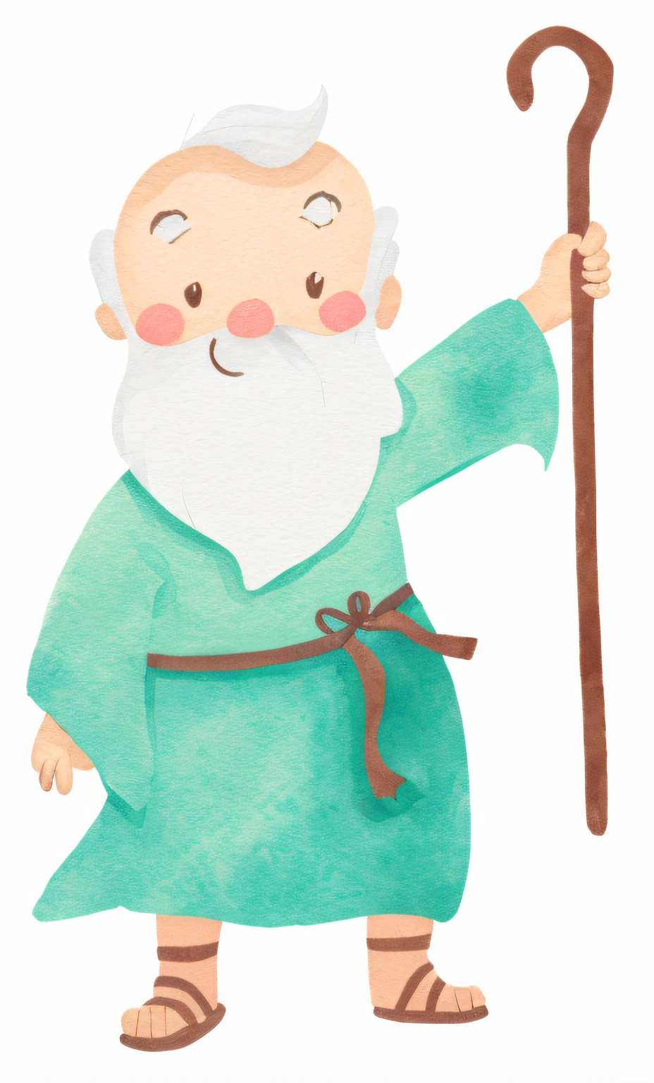 A cartoon of a man with beard and cane, wise old man, Moses, with white hair, happy and witty expression, illustration style.