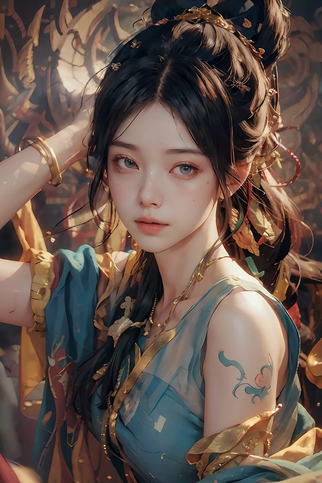 (RAW photo, best quality), (realistic, photo-realistic:1.3),best quality,highly detailed,masterpiece,ultra-detailed,illustration,1girl,upper_body,dynamic angle,world masterpiece theater,messy_long_hair,best quality,extremely detailed CG unity 8k wallpaper,ink,Amazing,cinematic lighting,lens_flare, dunhuang_style