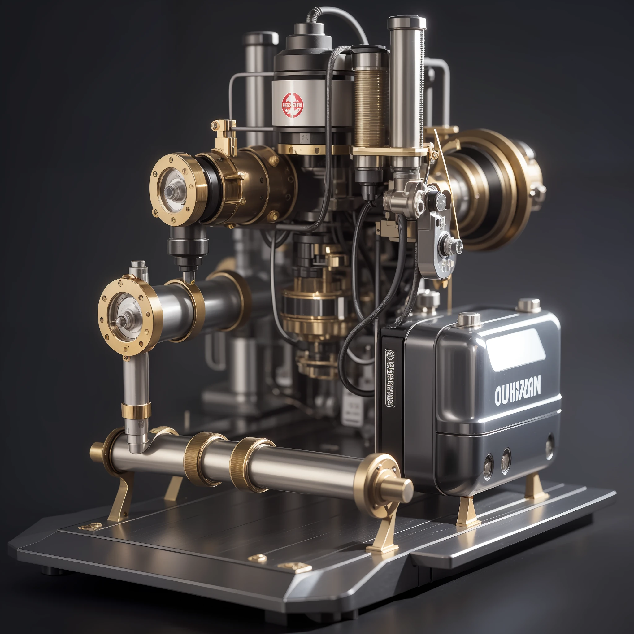 A real machine made of stainless steel with a high degree of craftsmanship and quality assurance, masterpieces in the hands of top masters, extremely detailed and sharp image resolution, rendered with camera-like realism, inspired by real photos, highly realistic details, as commemorative images, panoramic lighting effects, fine and accurate shadow representation, using advanced octane rendering technology, up to 8K resolution, extremely sharp and clear lines and details, performance of metallic materials, fine and intricate decorative details, steampunk style details, Details such as vacuum tubes, liquid tubes, oil pressure gauges, glass tubes, analog instruments, highlighting the details and movement of gears, the performance of gold hydraulic cylinders, highly complex and detailed depictions, realistic lighting effects, following current trends in CG technology, depicting mechanized body parts, depicting blood vessels connected to catheters, depicting wires and cables connected to the head, drawing details of small LED lamps based on the inspiration of Gundam mechs