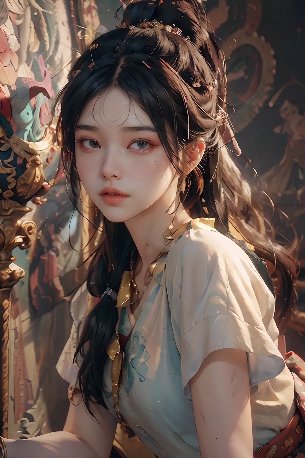 (RAW photo, best quality), (realistic, photo-realistic:1.3),best quality,highly detailed,masterpiece,ultra-detailed,illustration,1girl,upper_body,dynamic angle,world masterpiece theater,messy_long_hair,best quality,extremely detailed CG unity 8k wallpaper,ink,Amazing,cinematic lighting,lens_flare, dunhuang_style