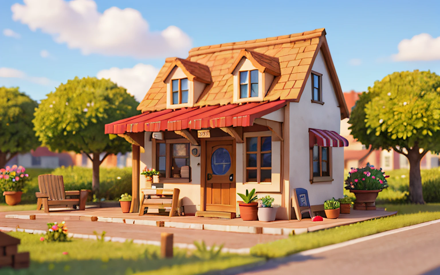(miniature cityscape), (isometric: 1), cartoon style, (sandbox game style), (white background), best quality, florist, glass flower house, coffee house, flowers, dining table, chairs, lighting, clear sky, outdoor, landscape, clouds, sky, sign, road, grass, potted plant, street light, 3D, 8k, HDR, high definition, cinematic grain. Blue sky, white clouds, small trees, clean background