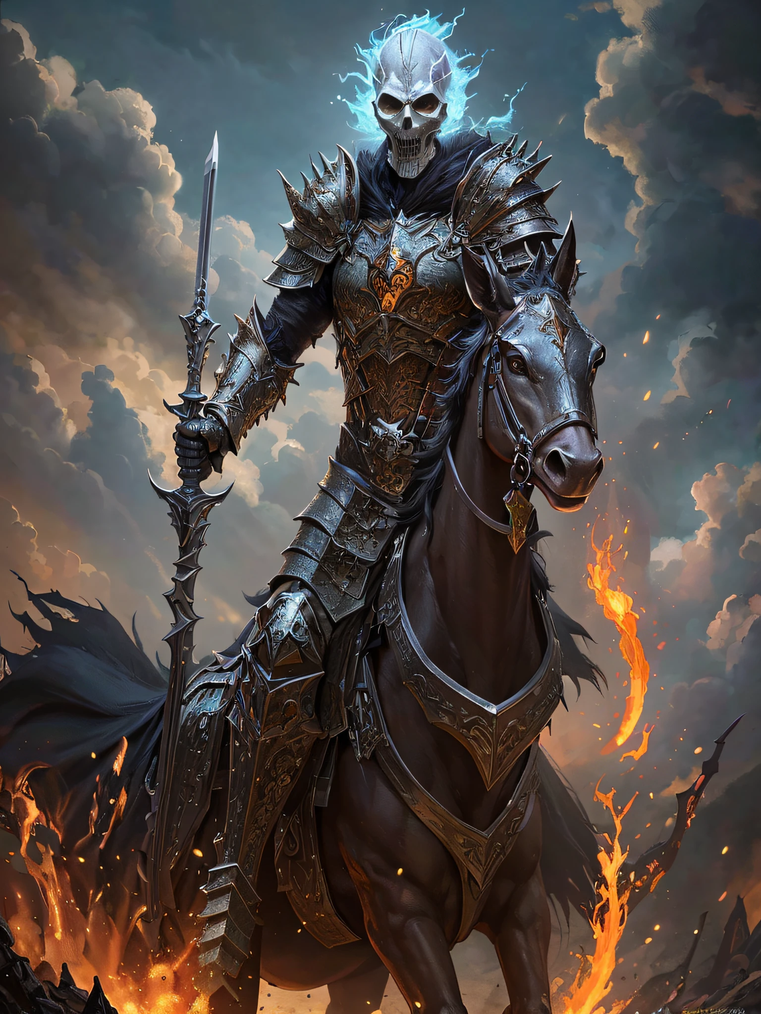 arafed knight on a horse with a sword and a skull on his back, epic fantasy card game art, undead knight, fantasy card game art, evil knight, skeleton knight, lord of cinder, epic fantasy digital art style, epic fantasy art style hd, epic fantasy art style, epic fantasy character art, epic fantasy artwork, epic fantasy style art