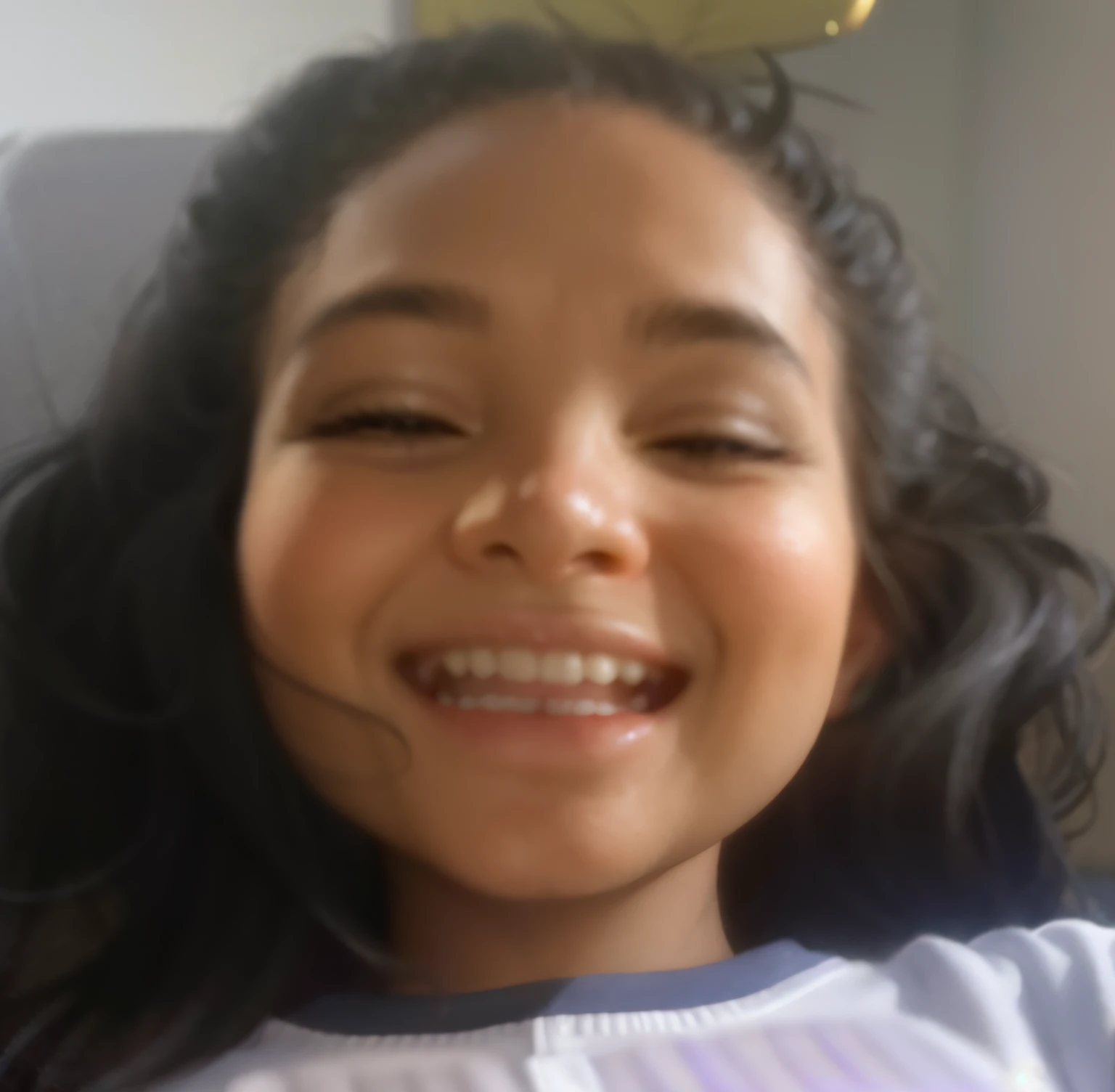 smiling girl with black hair and a white shirt on, she is smiling and excited, big smile on her face, she is smiling and happy, she is smiling, happily smiling at the camera, she expressing joy, insane smile, beautiful and smiling, very huge smile, violet myers, blurry image, slight cute smile, cute smile, she is laughing, very big smile