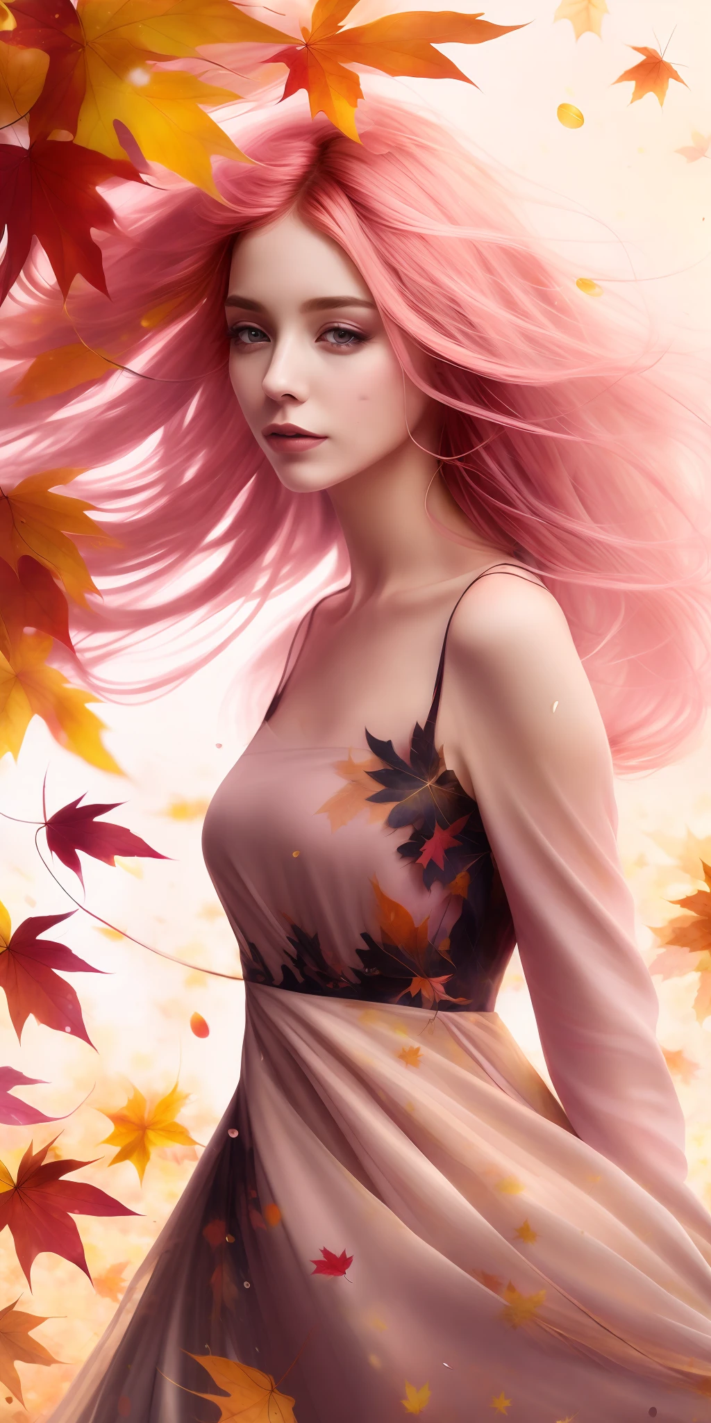 A picture by MSE A beautiful woman,the most beautiful girl by Agnes Cecile, cheerful expression, beautiful pink hair moved by the wind, autumn leaves in the air, dress moved by the wind,luminous design, pastel colors, ink drops, autumn lights, old paper texture