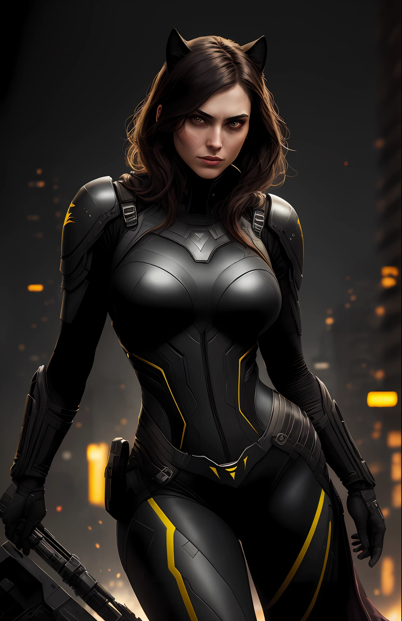 (dark shot: 1.1), epic realistic, Horseman of the Apocalypse Catwoman from DC, yellow gradient, black, brown and magenta color scheme, grunge aesthetics!!! graffiti tag wall background, art by Greg Rutkowski and artgerm, soft cinematic light, Adobe Lightroom, darkroom, HDR, intricate, highly detailed, (depth of field: 1.4), faded, (neutral colors: 1.2), (hdr: 1.4), (muted colors: 1.2), hyper-detail (artstation: 1.4), cinematic, warm light, dramatic light (complex details: 1.1)
