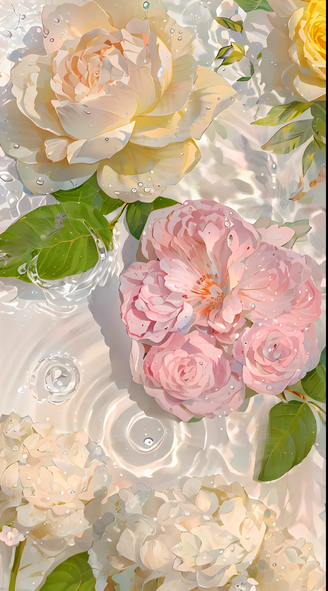 there are three roses in the water with water droplets, pastel overflow, floating in perfume, hyper realism aesthetic, pastel roses, hyperdetailed photorealism, highly detailed water colour 8 k, highly detailed water colour 8k, pink water in a large bath, rose background, with soft pink colors, hyperrealistic aesthetic, pink reflections, melanchonic rose soft light