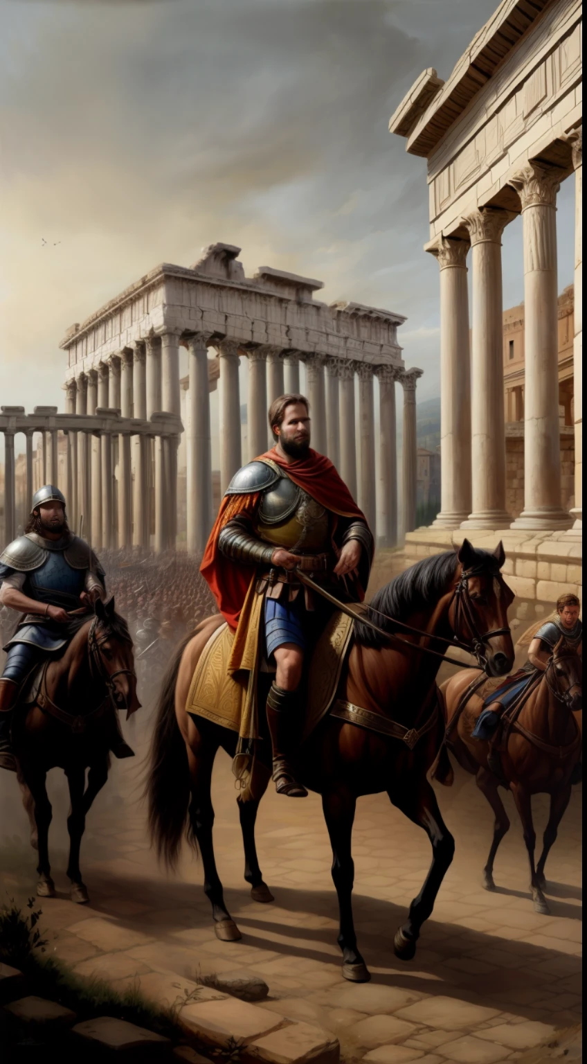 An immersive and realistic depiction of King Alaric I, the renowned leader of the Visigoth troops, courageously leading his army into battle against the Roman Empire in the ancient city of Rome. The artwork should capture the historical context of the 5th-century and showcase the distinctive style of Greg Rutkowski.