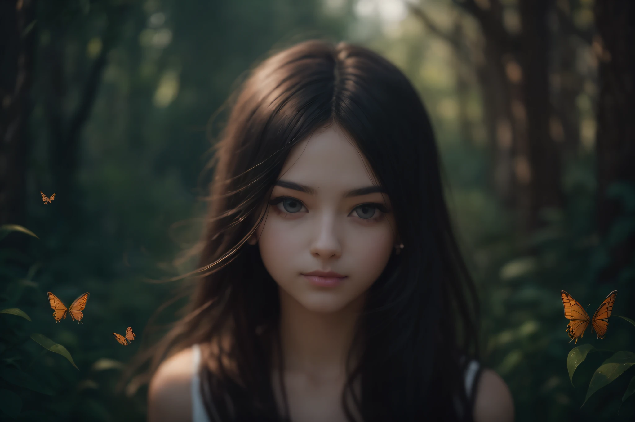 ((Realistic lighting, superlative, 8k, masterpiece: 1.3)), beautiful 20-year-old 1 girl, long straight black hair, 1930s atmosphere, quiet woods, wireless grass, grass, reaching out looking at butterflies flying, film photography, Kodak, dreamy atmosphere, film grain, film photography, concept photography, real, realistic, zoom off, various poses