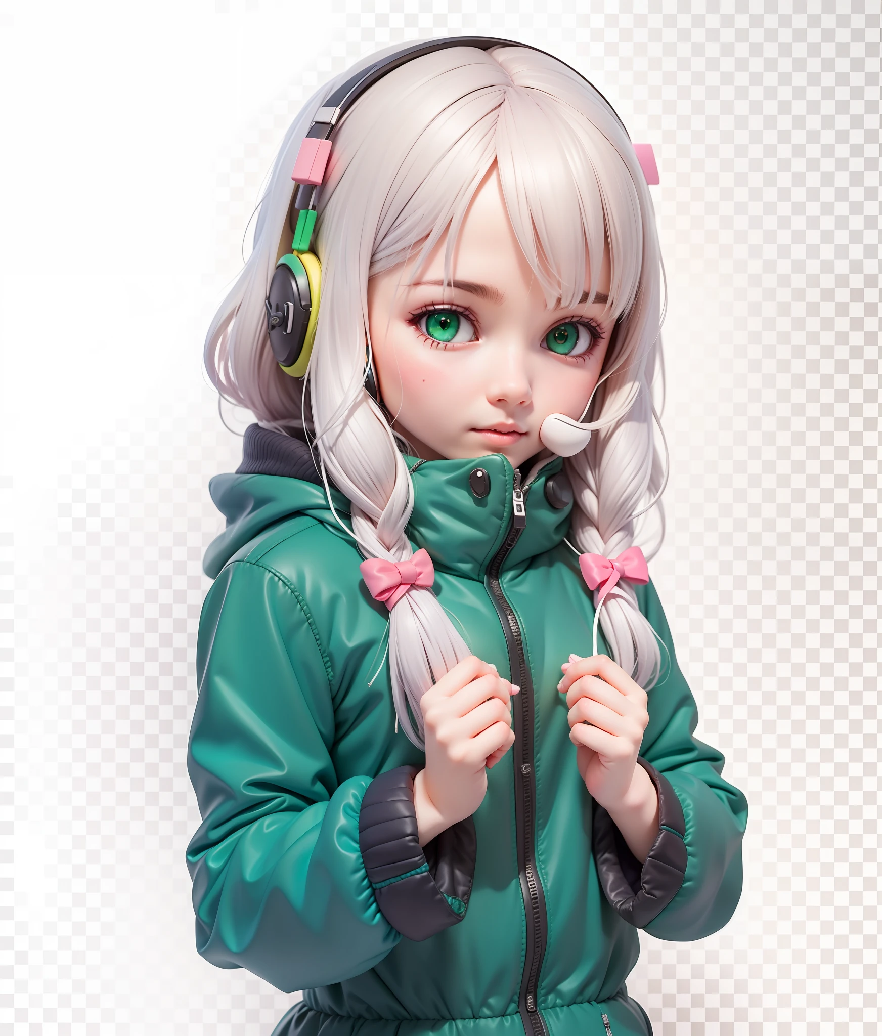masterpiece, best quality, highres, realistic, photo- realistic, portrait, 1girl, 10yo, mature, grayhair, pink tape, green headphone, green eyes, green jacket, cute, full body, city background