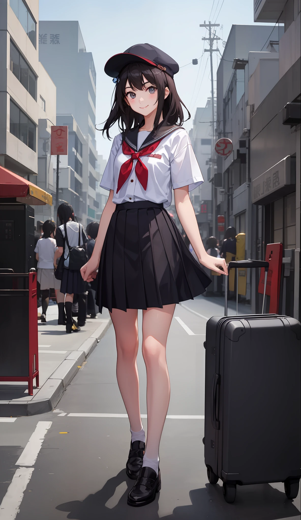 1 girl, smile, shirt, skirt, (small) chiralism, chinese high school school uniform, serafuk, summer clothes, (portrait from knee up),