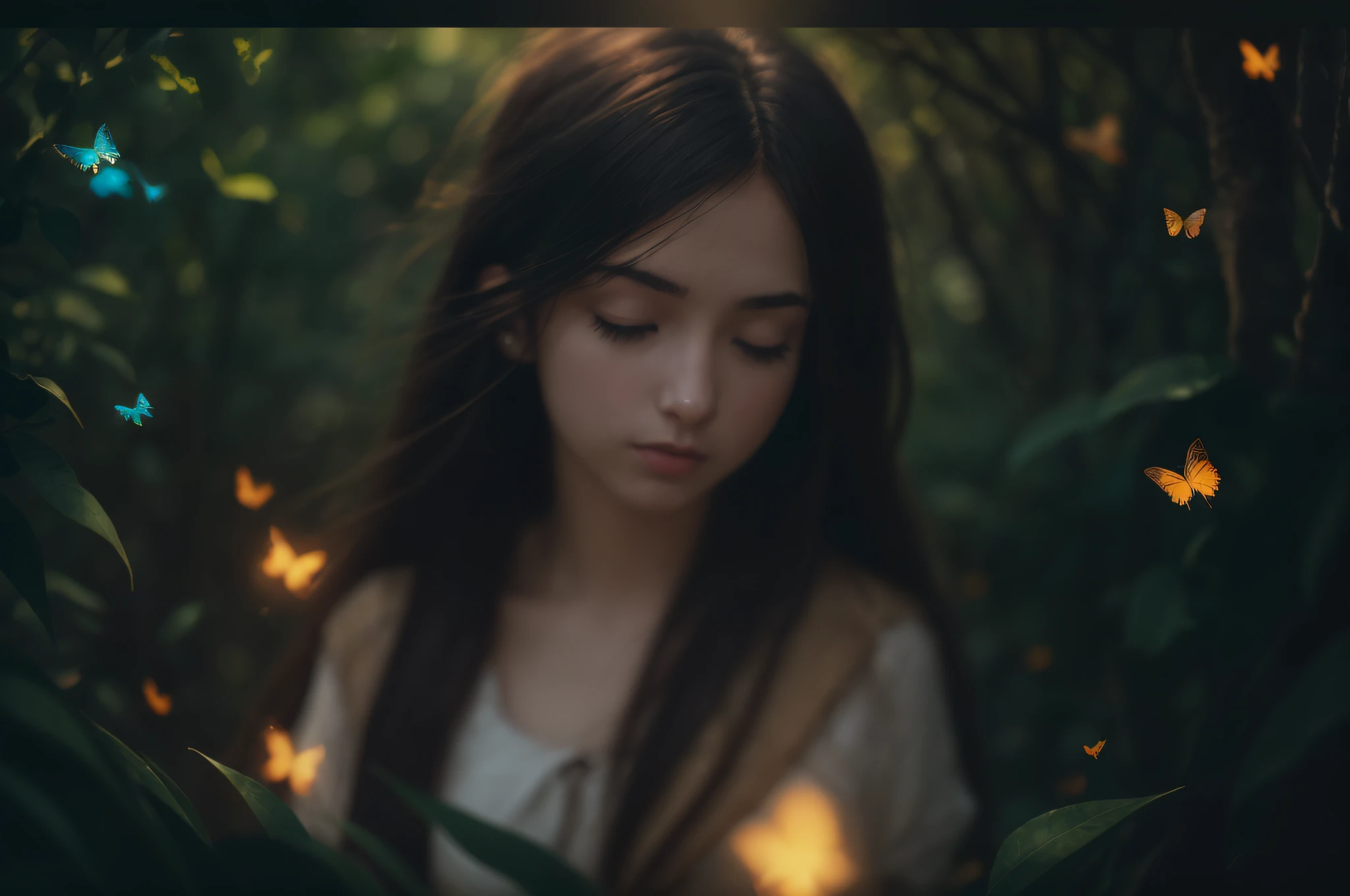 ((Realistic lighting, superlative, 8K, Masterpiece: 1.3)), beautiful 20-year-old 1 girl, long straight black hair, 1930s atmosphere, quiet woods, wireless grass, grass, reaching out looking at butterflies flying, film photography, kodak, dreamy atmosphere, film grain, film photography, concept photography, actual, realistic, zoom in, various poses,