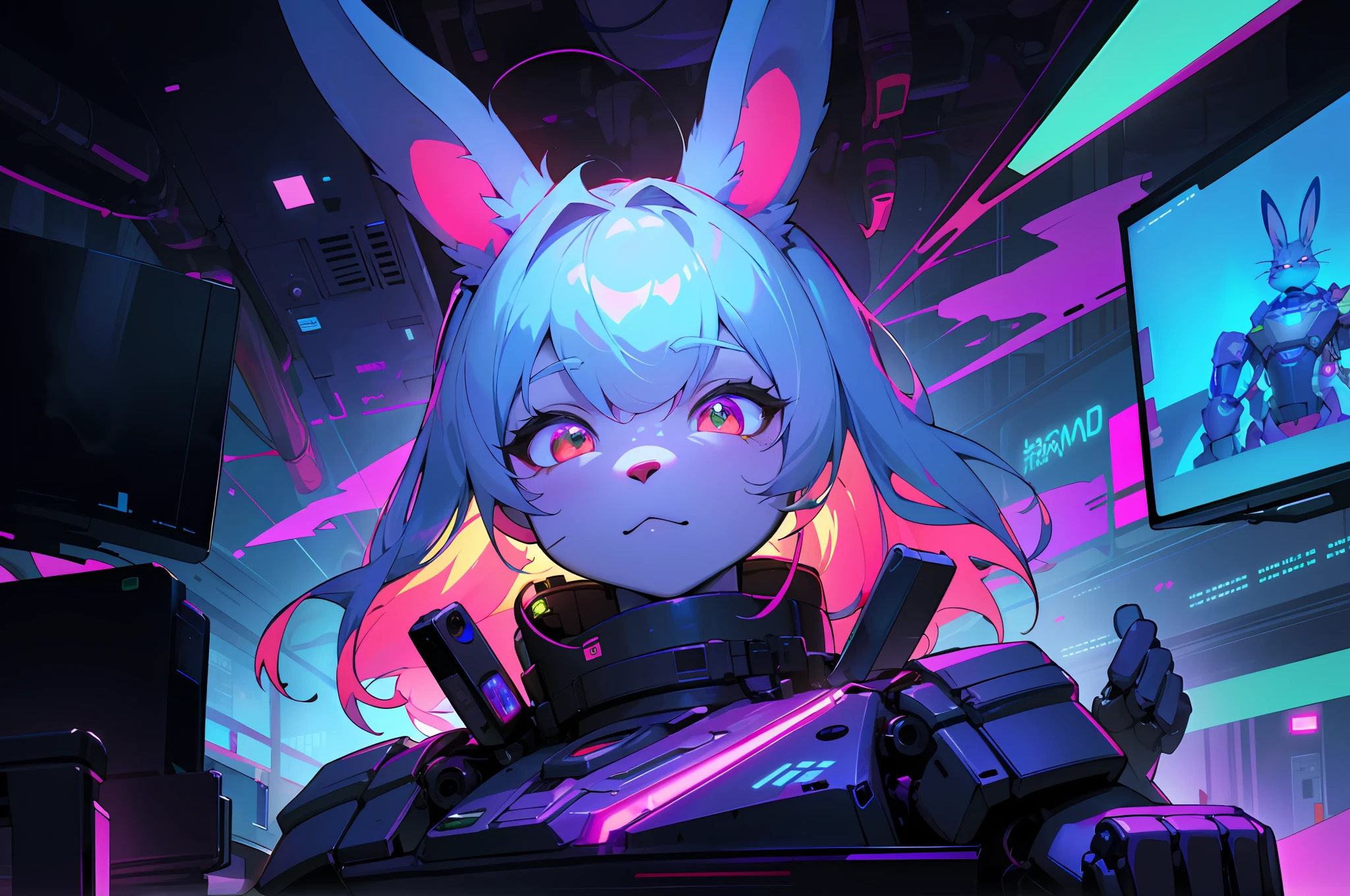 (blame! style abandoned tech landscape), (Zen, Amy Sol style), (((beats to relax/study to))), (((Lofi anthro kemono blue-furred rabbit girl in power armor sitting in metal chair behind computer terminal, behind giant glass terminal screen, beats to relax/study to))), (((blue kemono beastars furry rabbit anime hacker with small soft furry paws))), (((suspended glass cyberpunk computer terminals with robot rabbit in background))), ((glowing cyberdeck screens)), (underground, dark, foggy, perilous, abandoned dystopian apartment bedroom, deep windows), (abstract anthro rabbit figure wearing bunny ears), cover art with light abstraction, abstract, simple vector art, contemporary Cybernetic art, color gradients, soft color palettes, layered forms, whimsical animation, style Ethereal abstract, 4K, --v6
