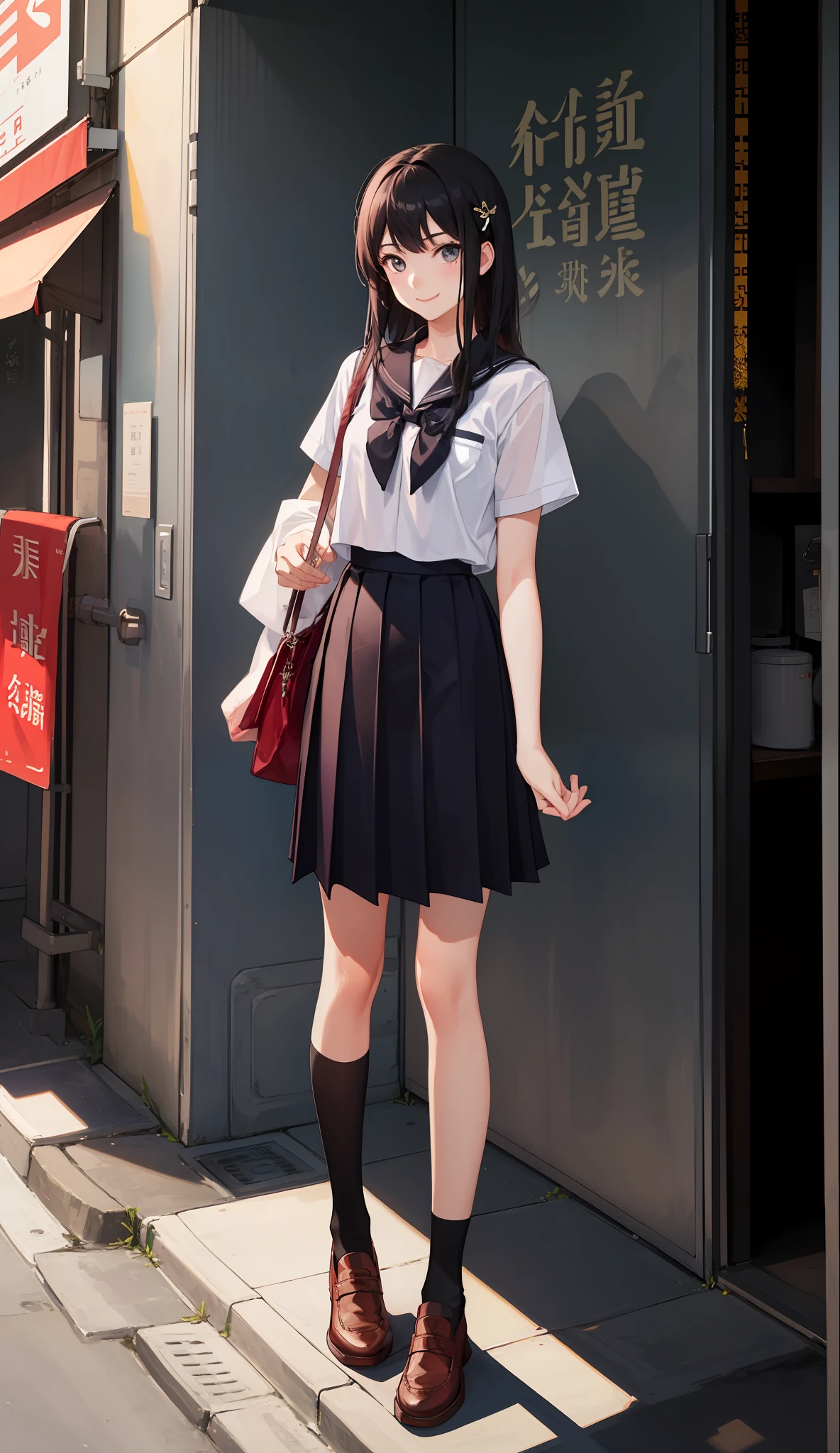 1 girl, smile, shirt, skirt, (small) chiralism, chinese high school school uniform, serafuk, summer clothes, (portrait from knee up),