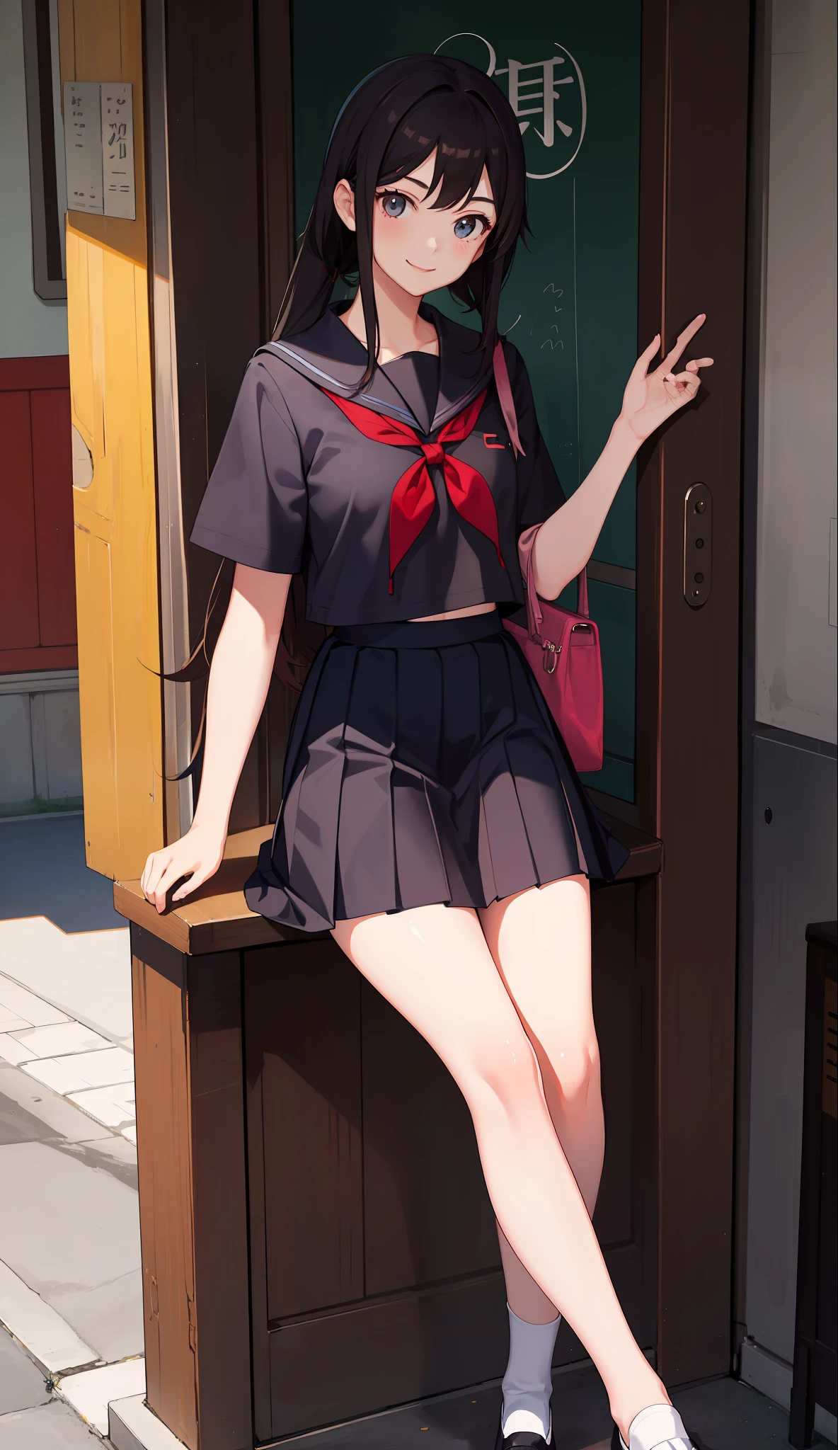 1 girl, smile, shirt, skirt, (small) chiralism, chinese high school school uniform, serafuk, summer clothes, (portrait from knee up),