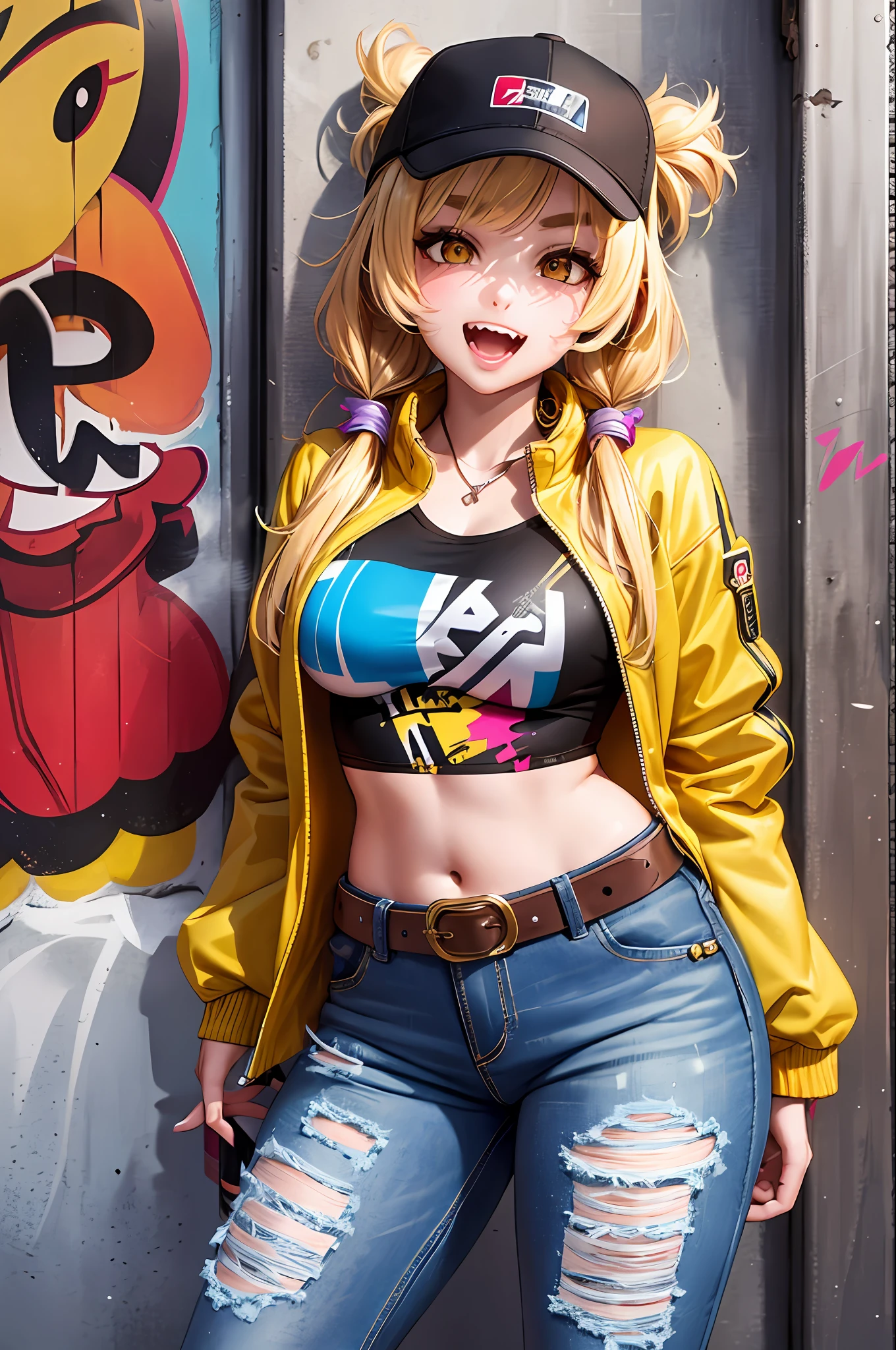 Original Character, Volumetric Lighting, Best Shadows, Shallow Depth of Field, Portrait Of Stunningly Beautiful Girl, Petite, Delicate Beautiful Attractive Face With Alluring Yellow Eyes, Messy Painted Face, Sharp Eyebrows, Broadly Smiling, Open Mouth, Fangs Out, Lovely Medium Breasts, Layered Long Twintail Blond Hair, Blush Eyeshadow, Thick Eyelashes, Applejack Hat, Oversized Pop Jacket, Mini Underboob Tee, Open Navel, Slim Waist, Denim Jeans Pants, With Buckle Belt, In The Graffiti Alley, Waste Container, Outside Stairs, Outdoor Unit, Holding Spray Paint Can, Standing, (Highest Quality, Amazing Details:1.25), (Solo:1.3), Brilliant Colorful Paintings