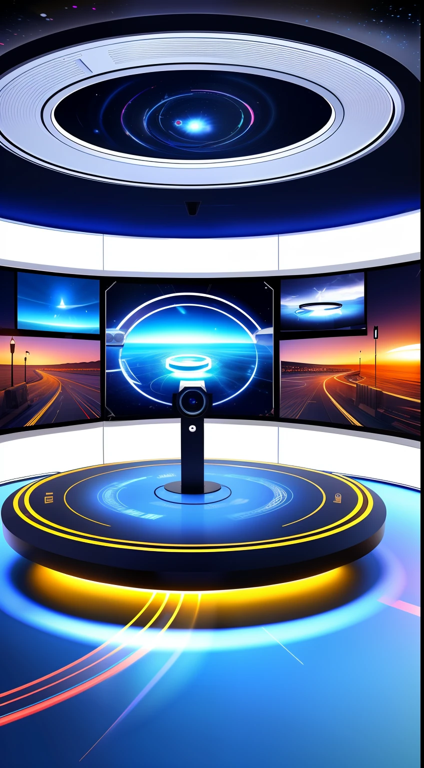 Unmanned live broadcast background picture, the picture is mainly white, there is a ring white light strip in the upper part, and there is a circular stage and a display platform in the middle