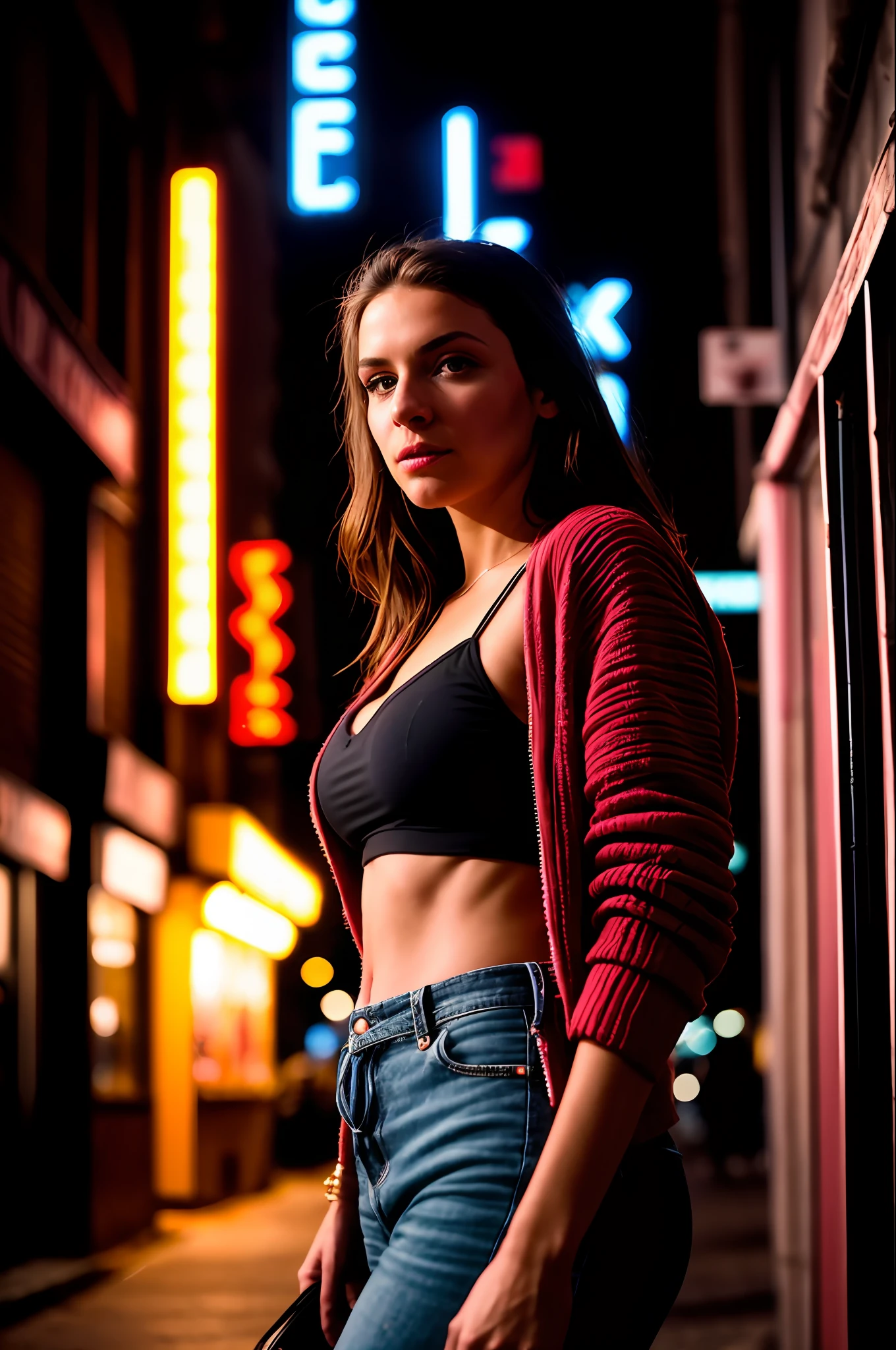 A tenacious female journalist uncovering a high-stakes conspiracy in a bustling metropolis, weaving through crowded streets and dark alleyways, close up, Detailed clothes, green eyes, flowing hair, determined expression, shiny glossy skin, subsurface tering, (sharp:0.7), [(colorful explosion psychedelic paint colors:1.21)::0.05], amazing fine detail, Nikon D850 film stock photograph Kodak Portra 400 camera f1.6 lens, rich colors, lifelike texture, dramatic lighting, urban environment, skyscrapers, neon signs, street vendors, dynamic composition, unreal engine, trending on ArtStation, cinestill 800 tungsten