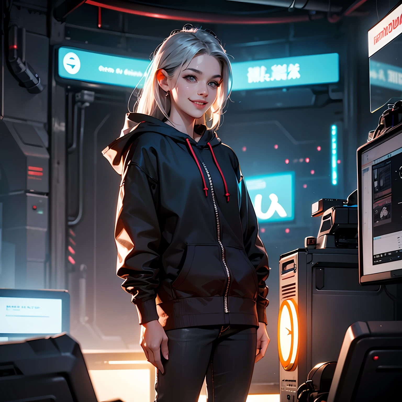 Hoody ,Octane Render, Blender, Cinema 4D,3d style,Animation style, Cartoon, Q version character,3d texture,Long hair,Gray hair,Cyberpunk,Electronic,Smart,Smile, --auto