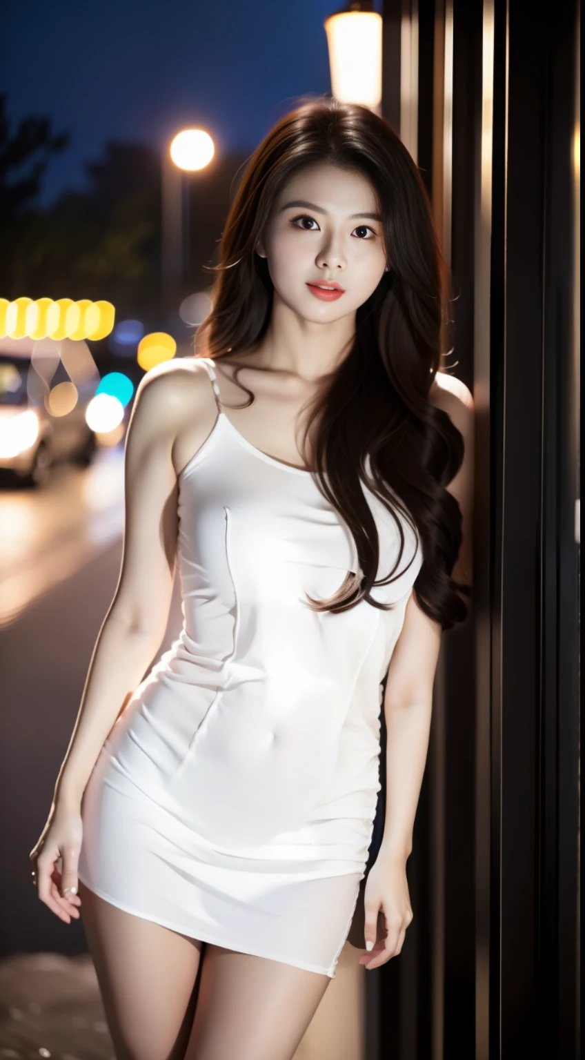 alafed asian woman, gorgeous young korean woman, beautiful korean woman, beautiful young korean woman, korean girl, sexy girl, beautiful asian girl, gorgeous chinese model, asian girl with long hair, beautiful girl model, korean woman, sunny and slim girl model photo, beautiful asian woman, black professional wear, commercial office building, night view, full body, see the whole scene, light makeup, realistic, realistic photo, professional color grading, 8K, F2.4 aperture, 35mm lens