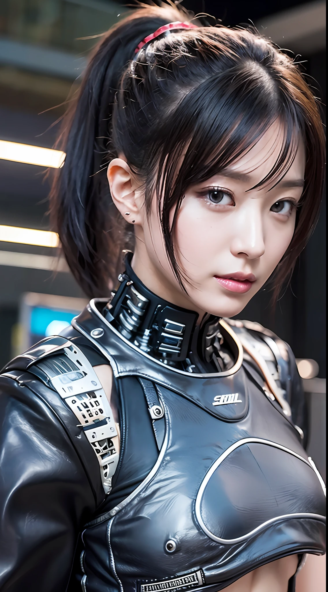 Cyberpunk, Female Cyborg, Specialized, Uniform, Mechanized Enhancement, Beauty, Black Hair, Japan, Knee Up, Fine Face, Fine Body, Ponytail