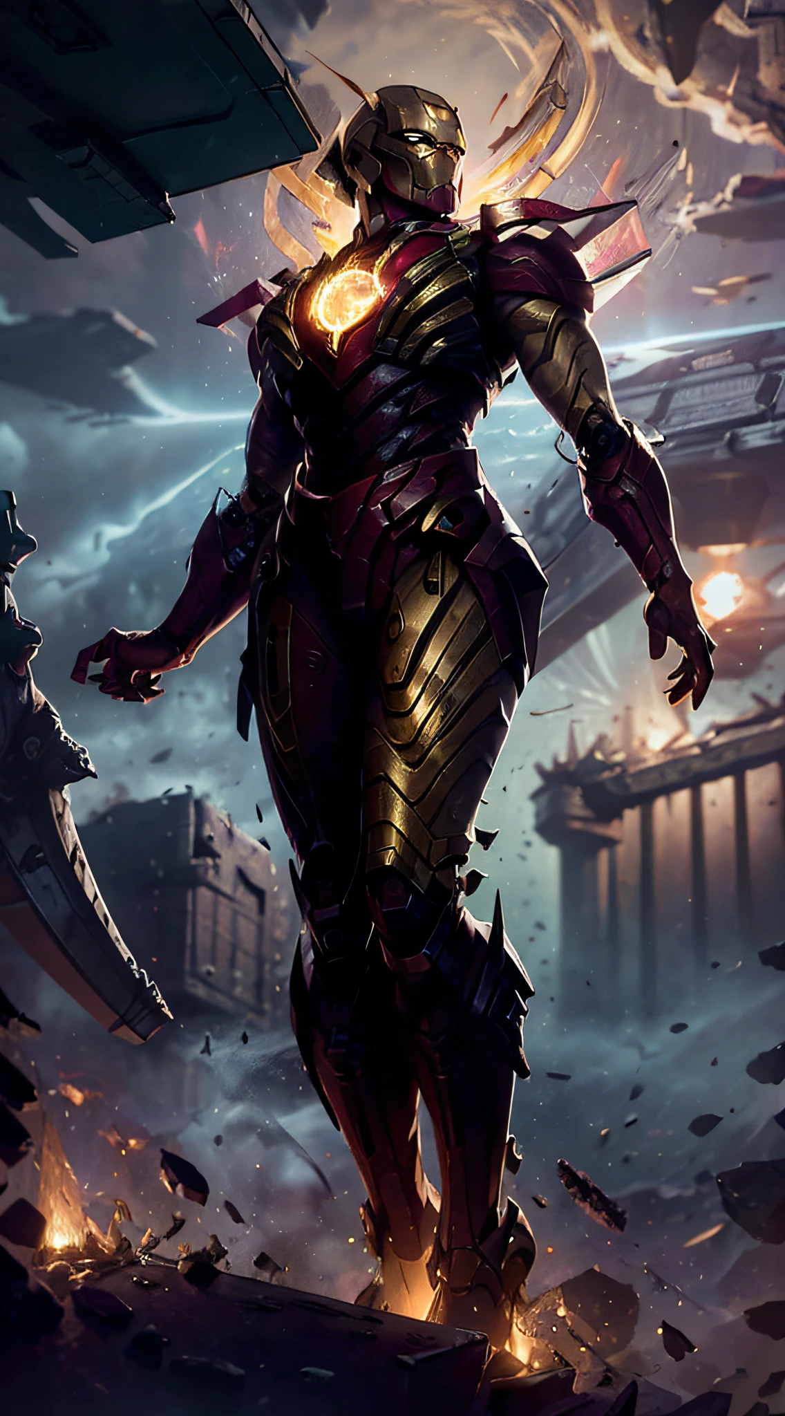 RAW, Masterpiece, Ultra Fine Photo,, Best Quality, Ultra High Resolution, Photorealistic, Sunlight, Full Body Portrait, Stunningly Beautiful,, Dynamic Poses, Delicate Face, Vibrant Eyes, (Side View) , she is wearing a futuristic Iron Man mech, red and gold color scheme, highly detailed abandoned warehouse background, detailed face, detailed and complex busy background, messy, gorgeous, milky white, high detailed skin, realistic skin details, visible pores , sharp focus, volumetric fog, 8k uhd, dslr camera, high quality, film grain, fair skin, photorealism, lomography, sprawling metropolis in futuristic dystopia, view from below, translucent