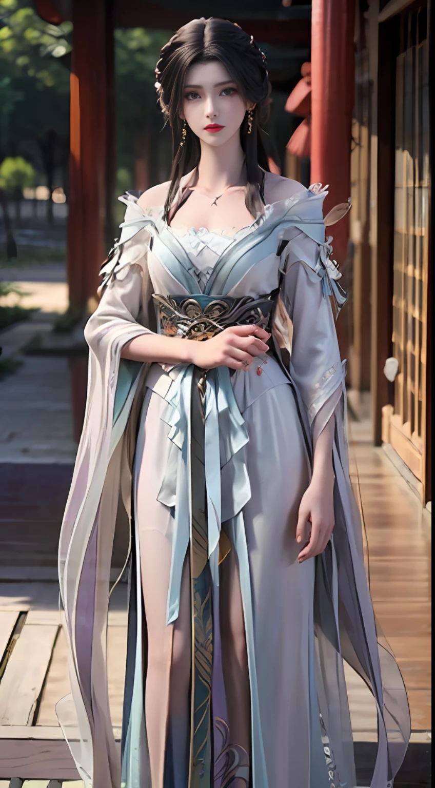 Solo, 1 Beautiful Female, Wuxia World, (1 Girl), (Full Body), (Xiuxian World), Chinese Immortal Wuxia, (Purple Cross-collared Top, Silk Robe, Embroidered Cape, Openwork Pattern), Brunette Hair, Chinese Coiled Bun, Hairpin, Light Pink Lips, (Young), Facial Highlight, Upper Body, Detail Face, White Skin, Ponytail, Braid, Look at the Audience, Big Eyes, Earrings, Slim Figure, Professional Lighting, Photon Mapping, Light Energy Transfer, Physically Based Rendering, 8K UHD, SLR, Soft Light, High quality, high resolution, (very detailed CG unity 8k wallpaper)