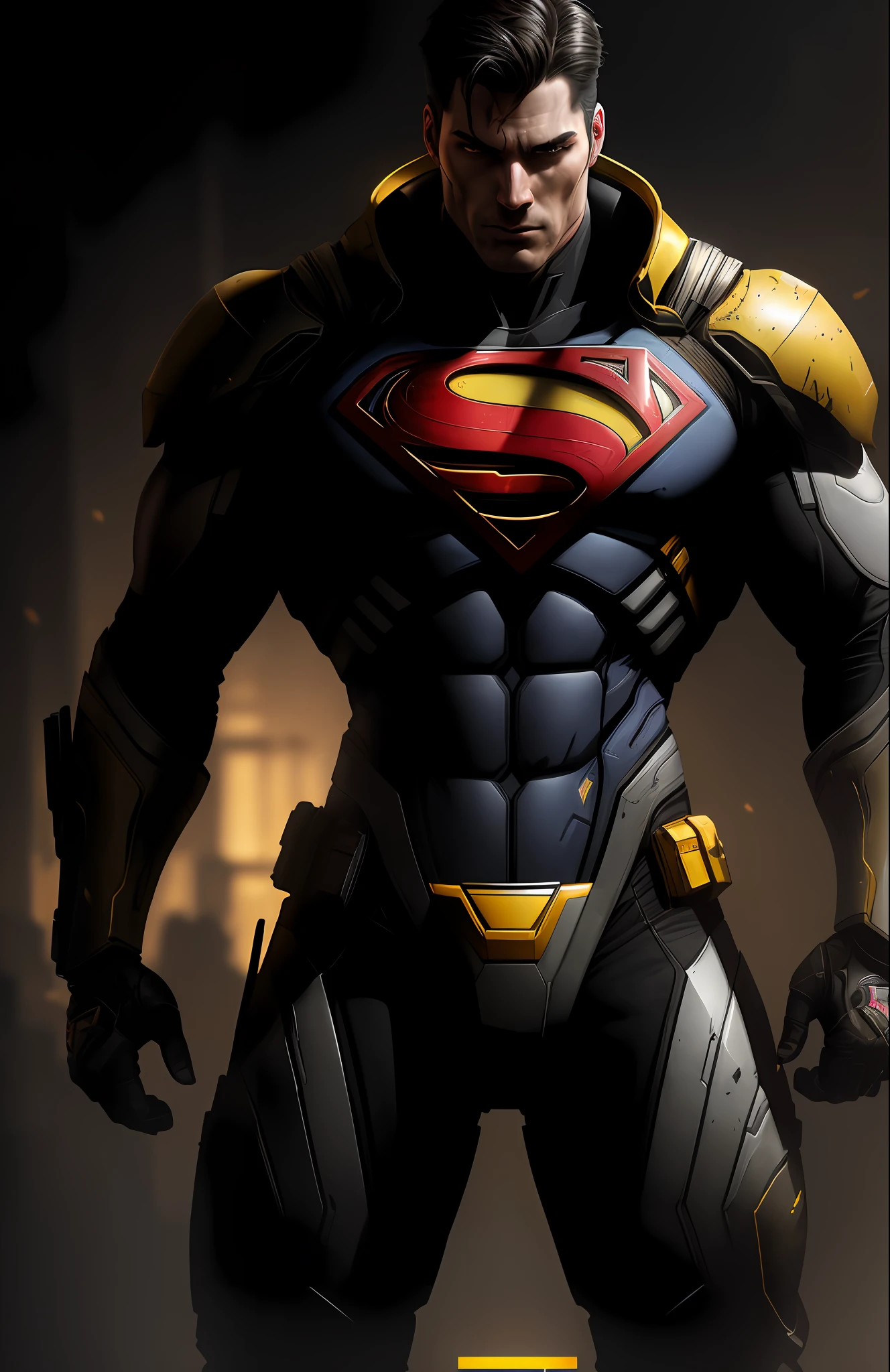 (dark shot: 1.1), epic realistic, God Cyborg Superman from DC, yellow gradient, black, brown and magenta color scheme, grunge aesthetic!!! graffiti tag wall background, art by Greg Rutkowski and artgerm, soft cinematic light, Adobe Lightroom, darkroom, HDR, intricate, highly detailed, (depth of field: 1.4), faded, (neutral colors: 1.2), (hdr: 1.4), (muted colors: 1.2), hyper-detail (artstation: 1.4), cinematic, warm light, dramatic light (complex details: 1.1)