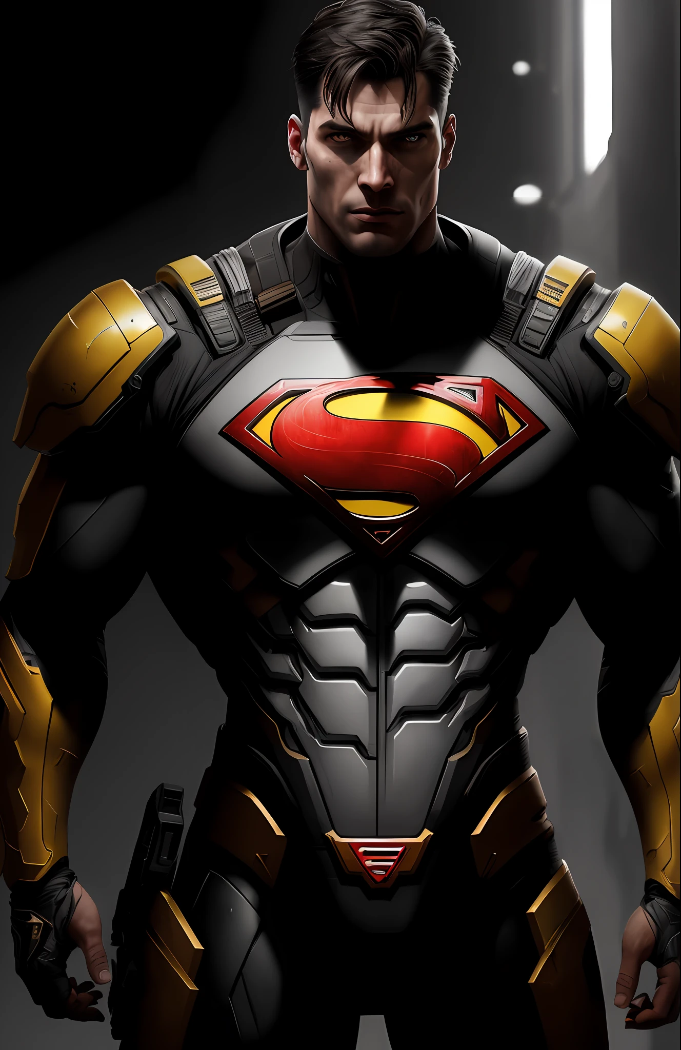 (dark shot: 1.1), epic realistic, God Cyborg Superman from DC, yellow gradient, black, brown and magenta color scheme, grunge aesthetic!!! graffiti tag wall background, art by Greg Rutkowski and artgerm, soft cinematic light, Adobe Lightroom, darkroom, HDR, intricate, highly detailed, (depth of field: 1.4), faded, (neutral colors: 1.2), (hdr: 1.4), (muted colors: 1.2), hyper-detail (artstation: 1.4), cinematic, warm light, dramatic light (complex details: 1.1)