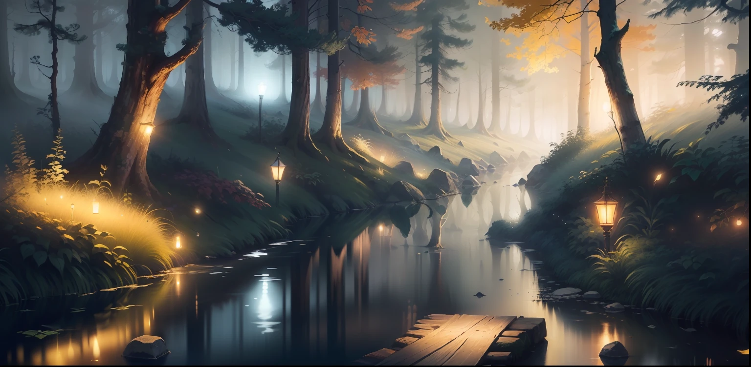 Woods at night, realistic, HD, illuminated