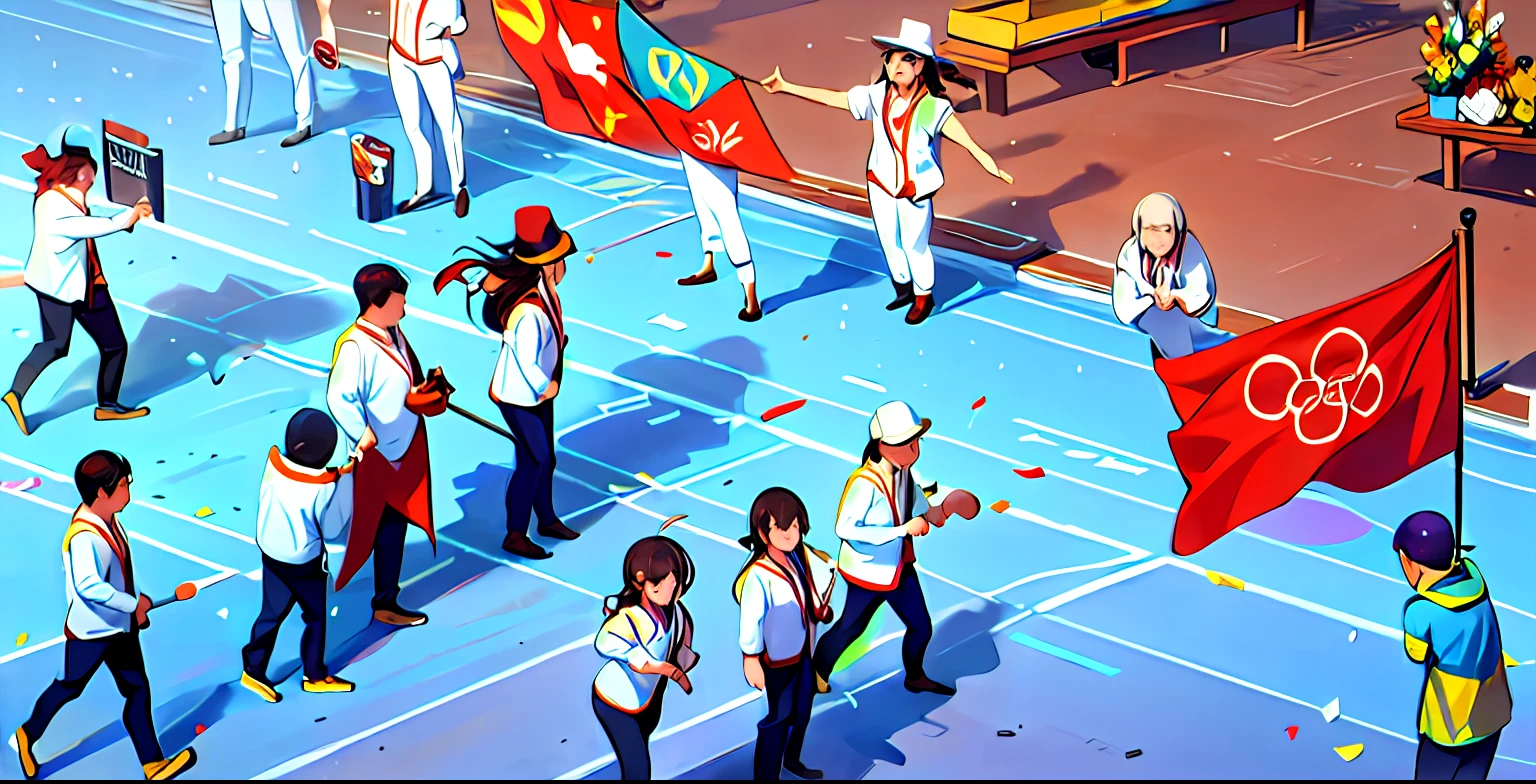 A group of uniformed people parade with flags and flags on stage, processions, Beijing 2022 Winter Olympics, Olympic ceremony, Olympic photos, Olympic shots, glowing ceremonial markers, Olympic Games, photos from spectators