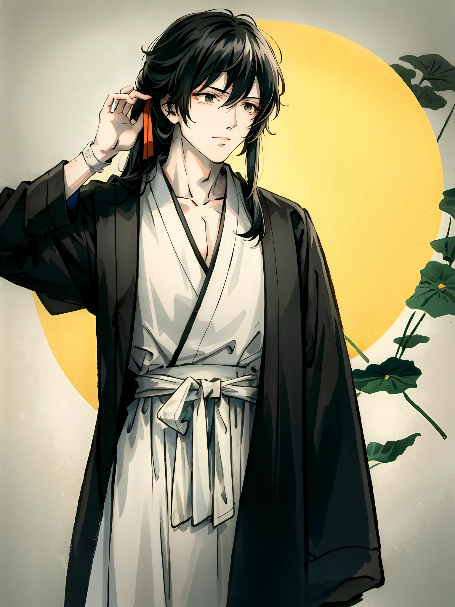 Long inky hair is coiled, and a cyan hairband embroidered with bamboo leaf patterns is tied at the end
Wearing a white undershirt, a slanted collar, and a dark robe, the hem is silver cloud dark pattern
The waist is tied with a drapery, and it is tied with a ring-shaped lotus jade pendant
An oriental Taoist priest with a bandage wrapped around his left wrist, and a talisman with his right hand
